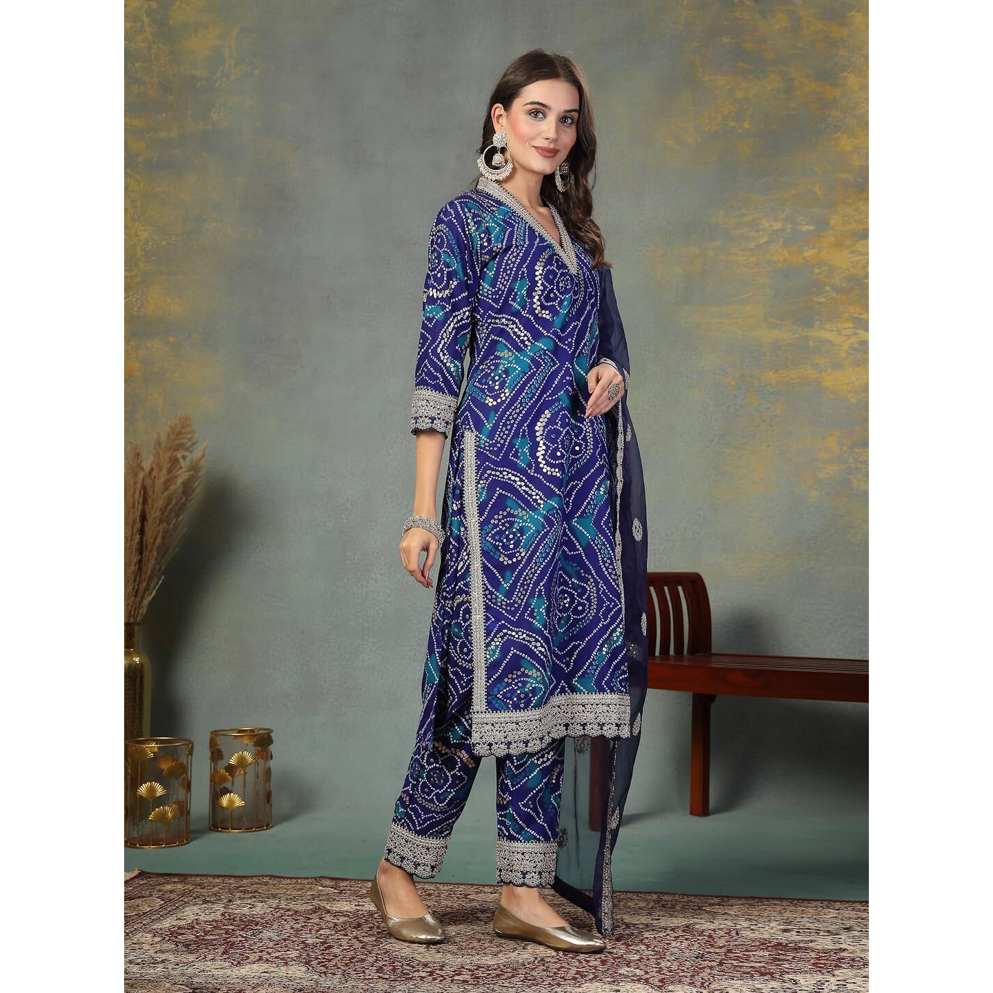 Stylum Women's Bandhani Print & Embroidered Muslin Straight Kurta Pant Dupatta Set (KPDBLUEBANNO36_Blue, S)