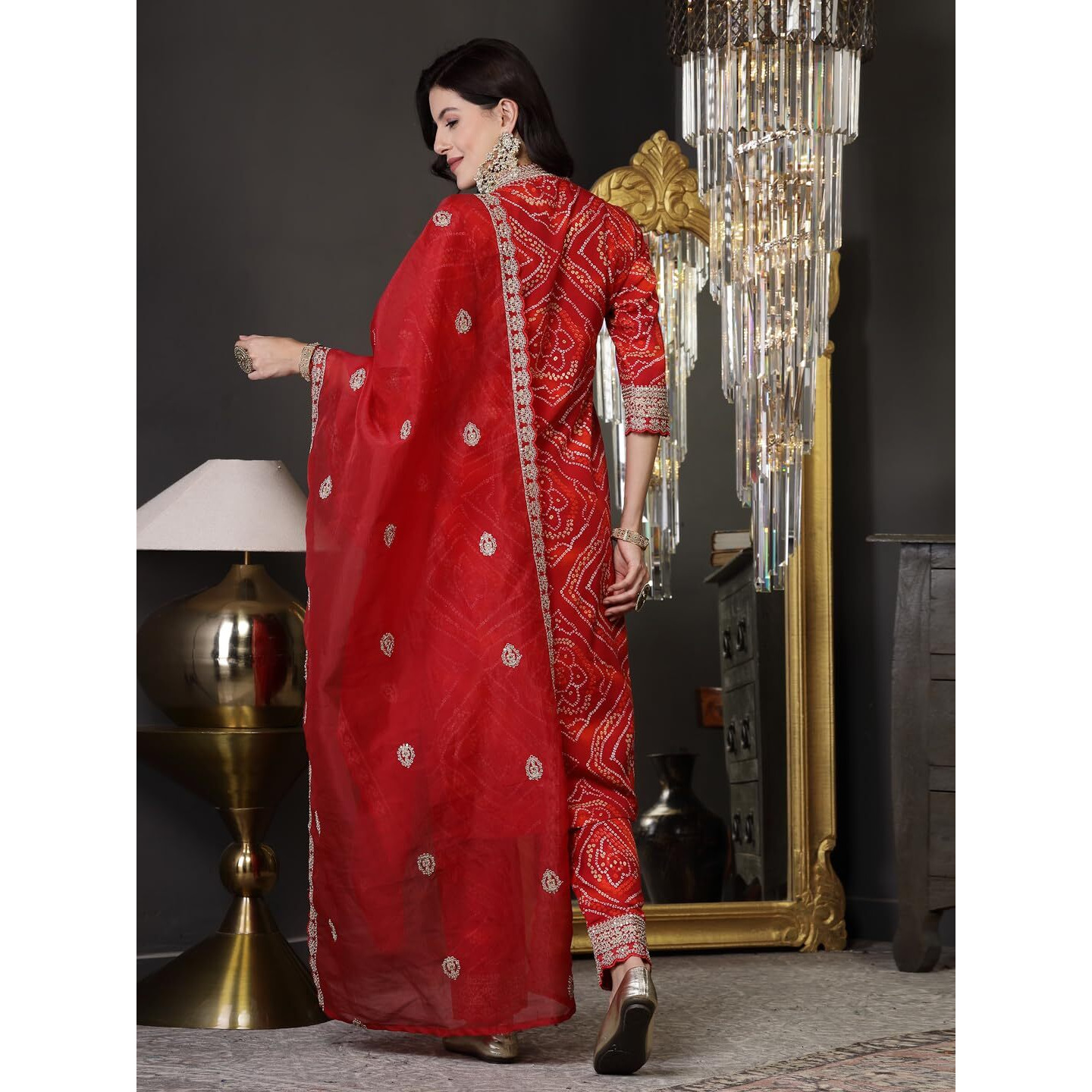 Stylum Women's Bandhani Print & Embroidered Muslin Straight Kurta Pant Dupatta Set (KPDREDBANNO38_Red, M)