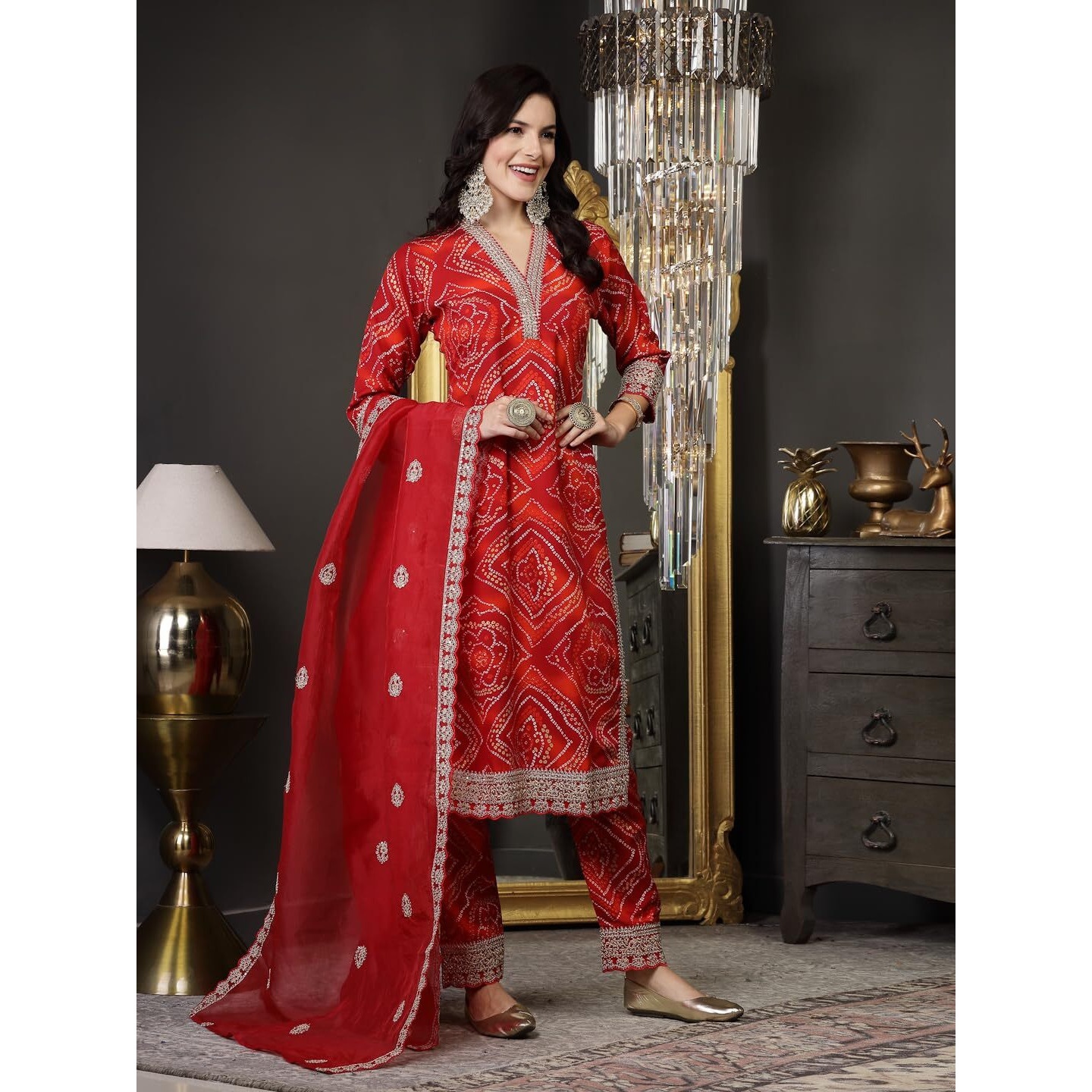 Stylum Women's Bandhani Print & Embroidered Muslin Straight Kurta Pant Dupatta Set (KPDREDBANNO38_Red, M)