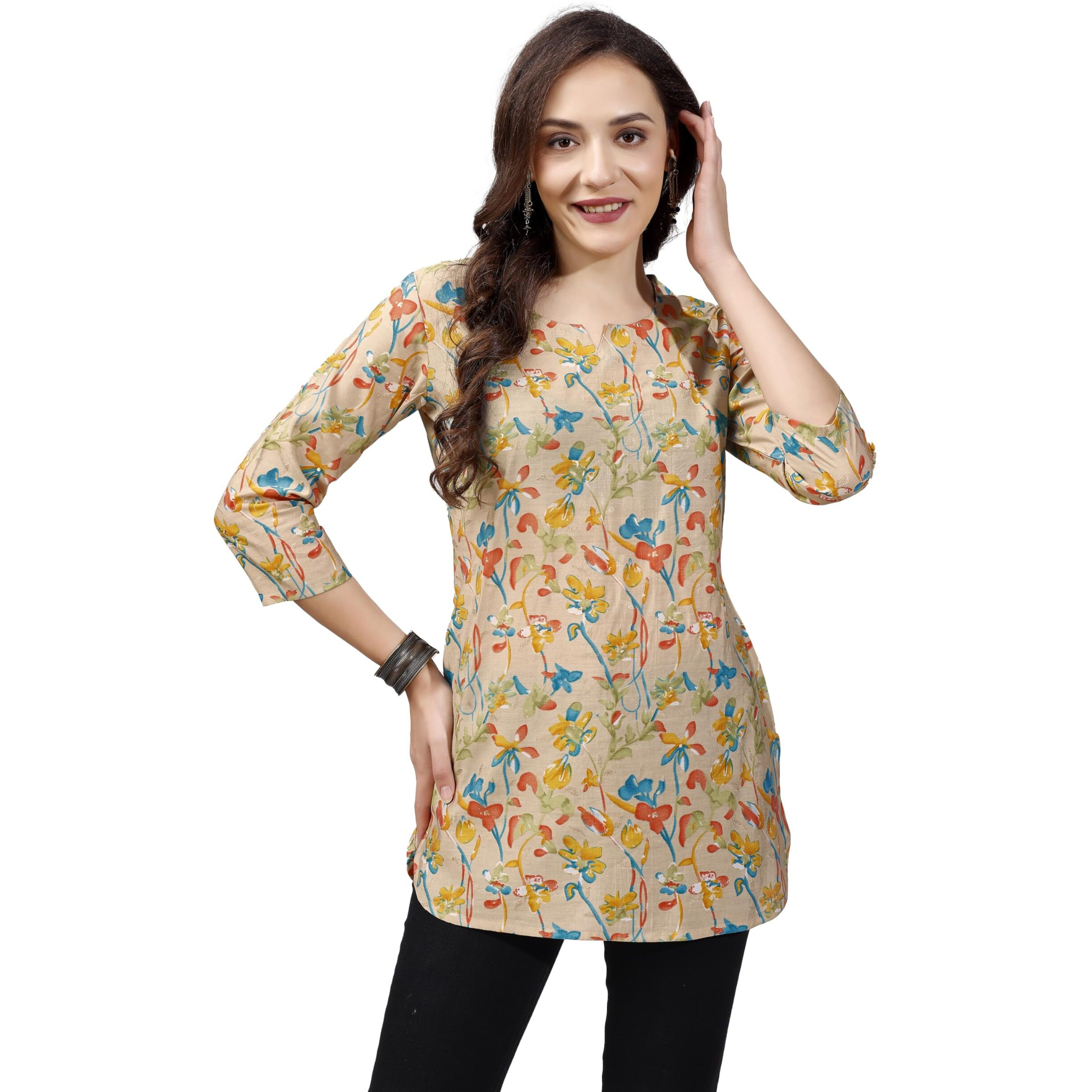 SHIENZY Women's Rayon Floral Regular Kurta Top (SHZ1447_Beige_M)