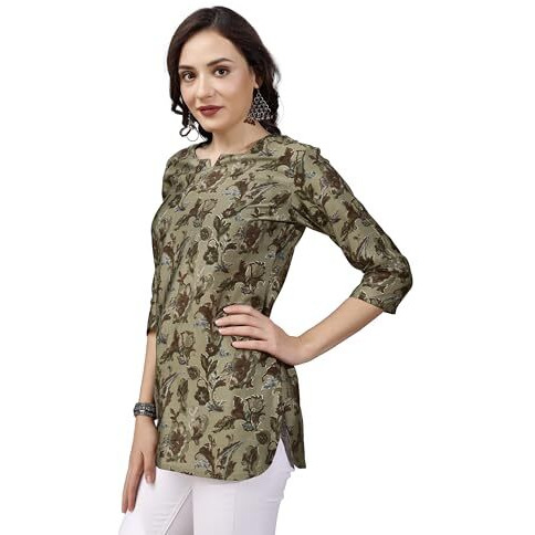 SHIENZY Women's Rayon Floral Regular Kurta Top (SHZ1449_Olive_M)