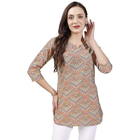 SHIENZY Women's Rayon Checkered Regular Kurta Top (SHZ1453_Peach_S)