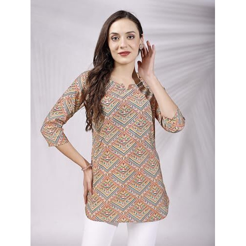 SHIENZY Women's Rayon Checkered Regular Kurta Top (SHZ1453_Peach_S)