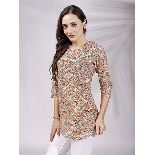 SHIENZY Women's Rayon Checkered Regular Kurta Top (SHZ1453_Peach_S)