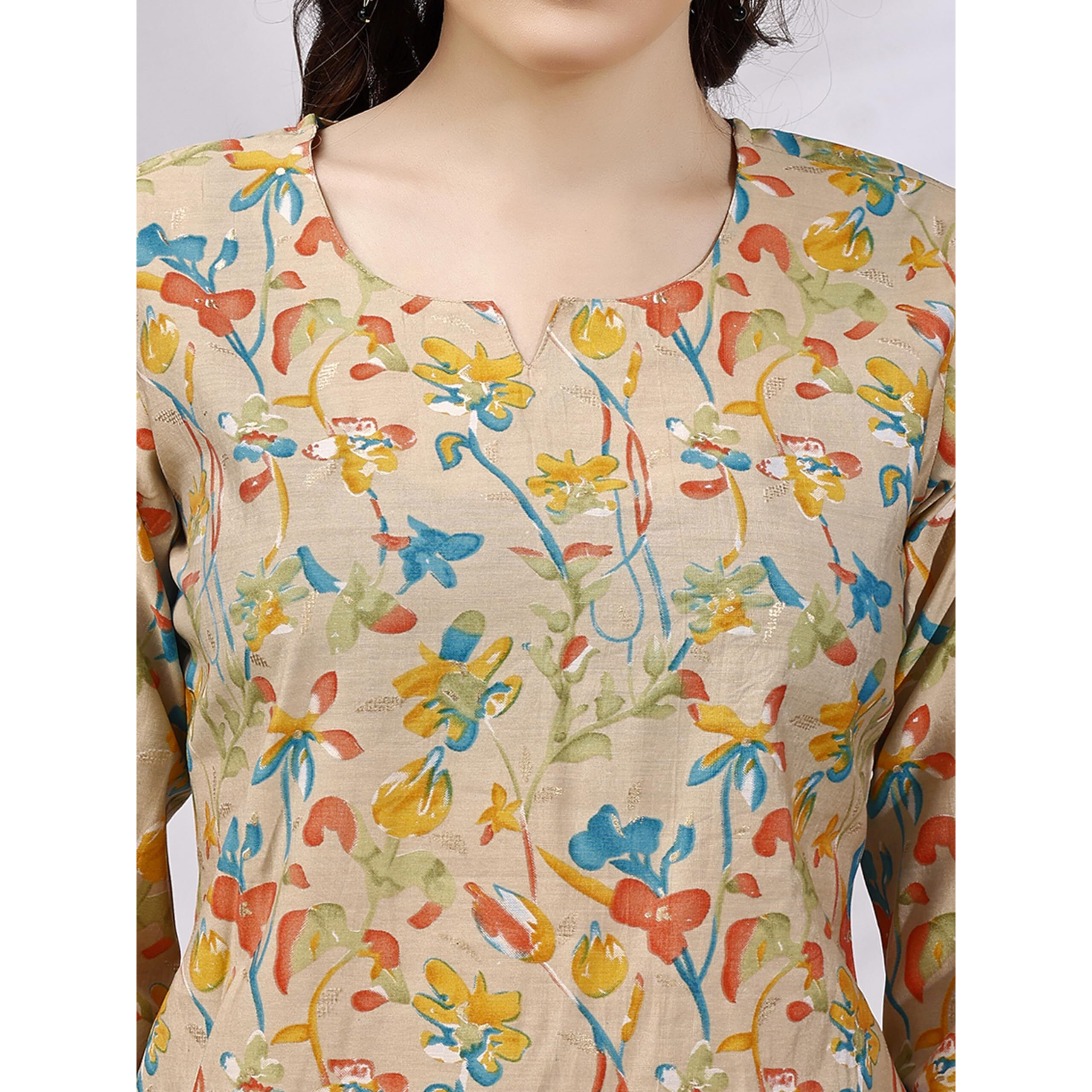 SHIENZY Women's Rayon Floral Regular Kurta Top (SHZ1447_Beige_S)