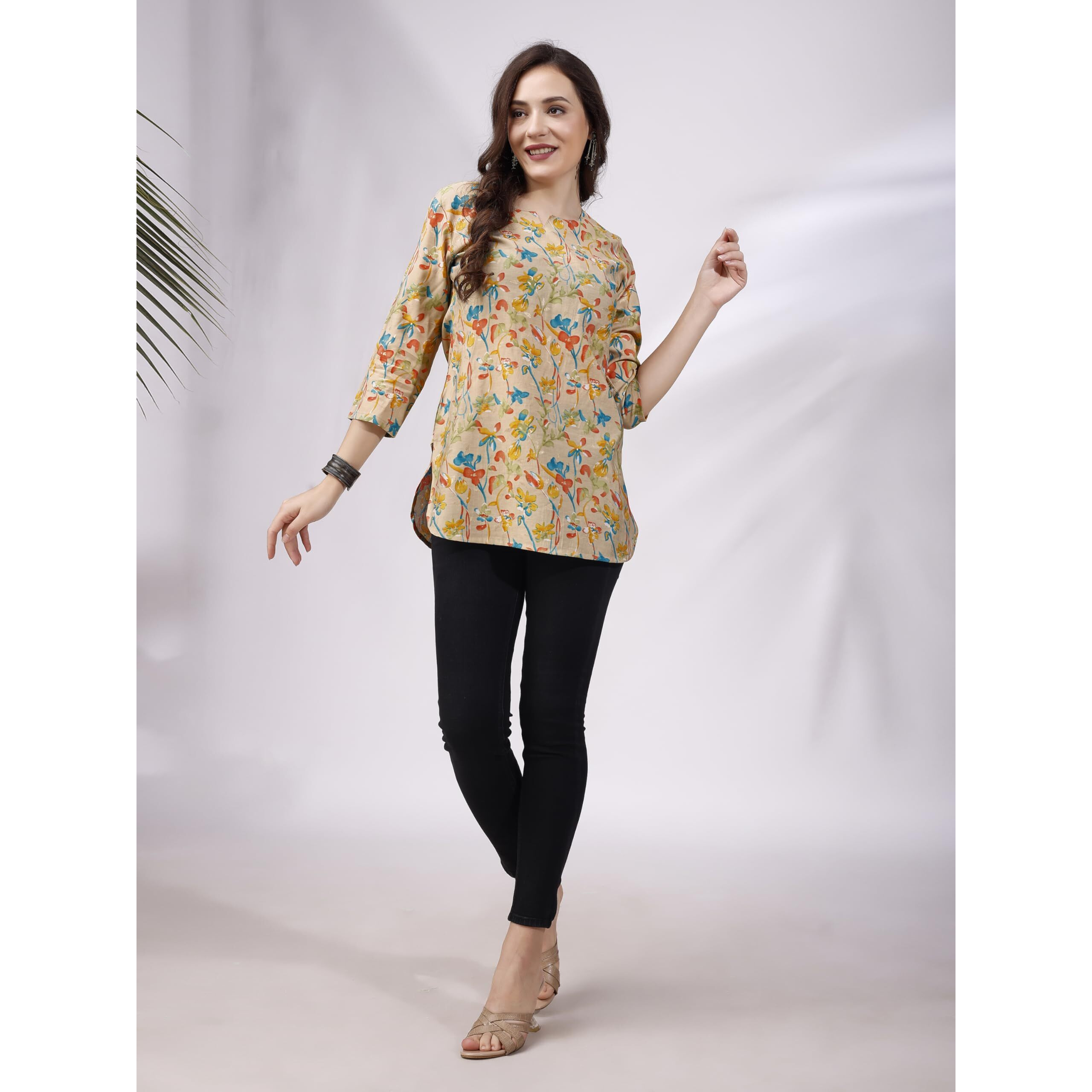 SHIENZY Women's Rayon Floral Regular Kurta Top (SHZ1447_Beige_S)