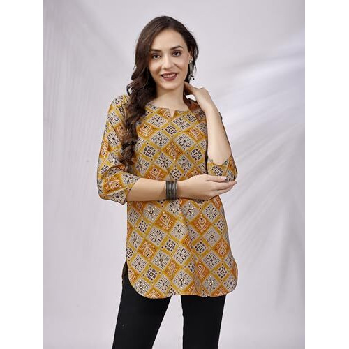 SHIENZY Women's Rayon Checkered Regular Kurta Top (SHZ1454_Yellow_2XL)