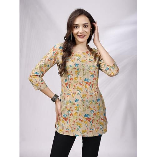 SHIENZY Women's Rayon Floral Regular Kurta Top (SHZ1447_Beige_2XL)