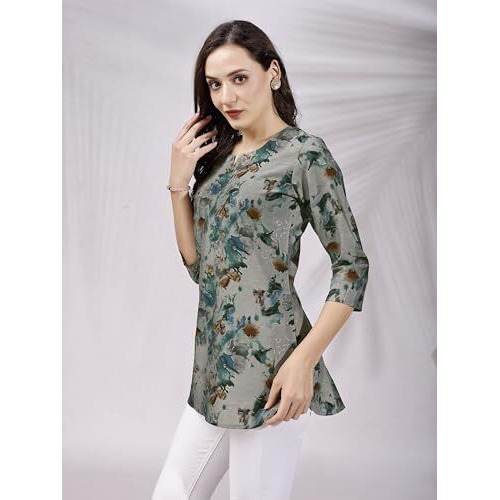 SHIENZY Women's Rayon Floral Regular Kurta Top (SHZ1450_Green_XL)