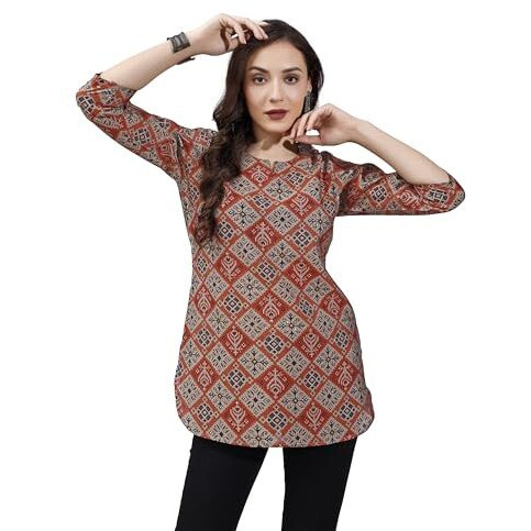 SHIENZY Women's Rayon Checkered Regular Kurta Top (SHZ1448_Red_M)