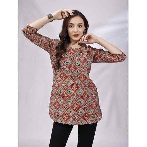 SHIENZY Women's Rayon Checkered Regular Kurta Top (SHZ1448_Red_M)