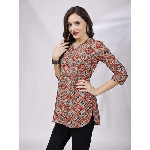 SHIENZY Women's Rayon Checkered Regular Kurta Top (SHZ1448_Red_M)