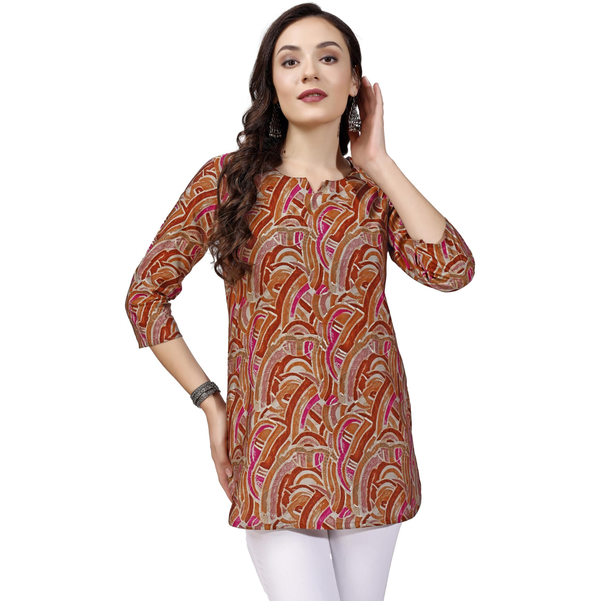 SHIENZY Women's Rayon Abstract Regular Kurta Top (SHZ1446_Multicolor_L)