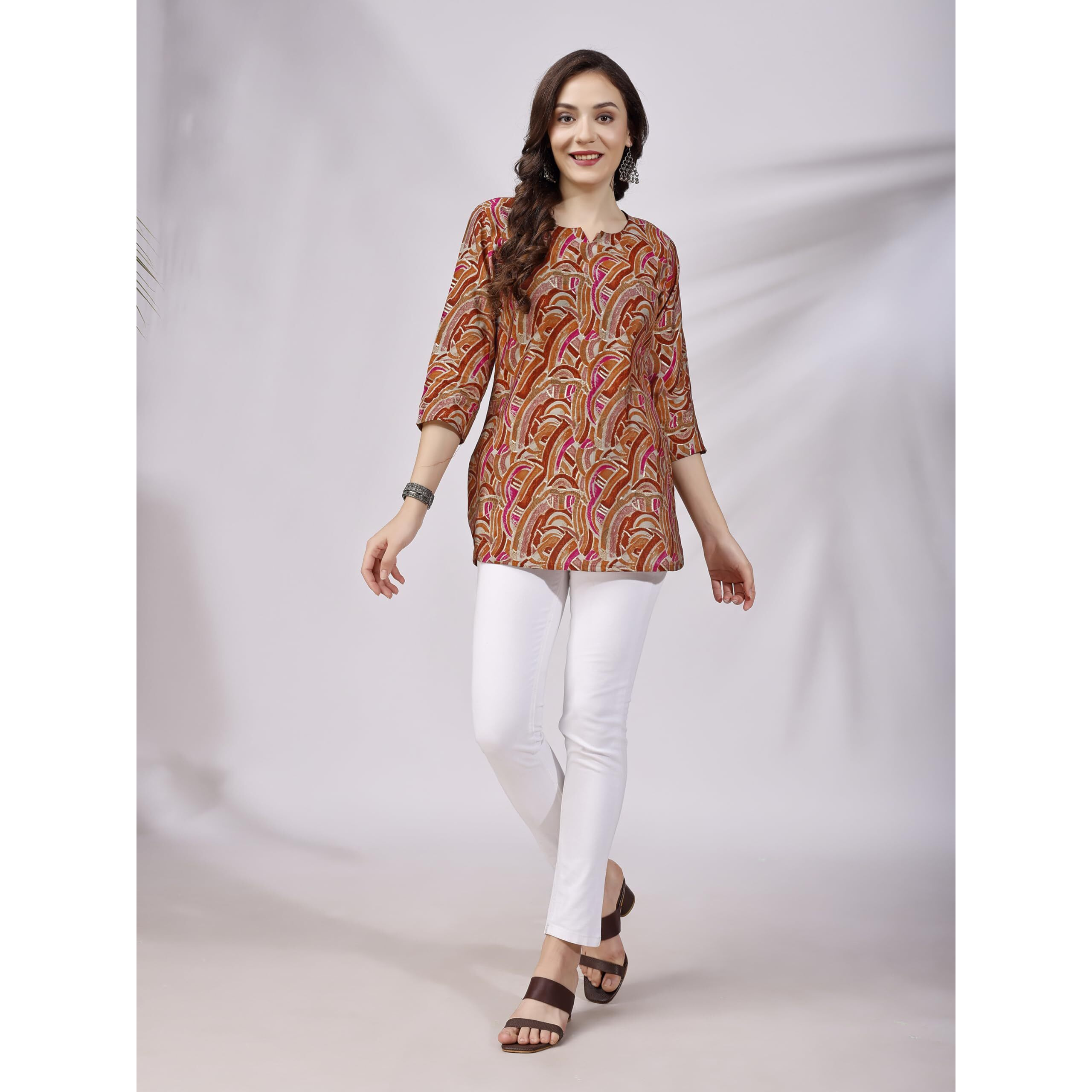 SHIENZY Women's Rayon Abstract Regular Kurta Top (SHZ1446_Multicolor_L)
