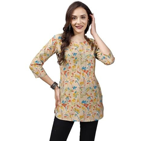 SHIENZY Women's Rayon Floral Regular Kurta Top (SHZ1447_Beige_XL)