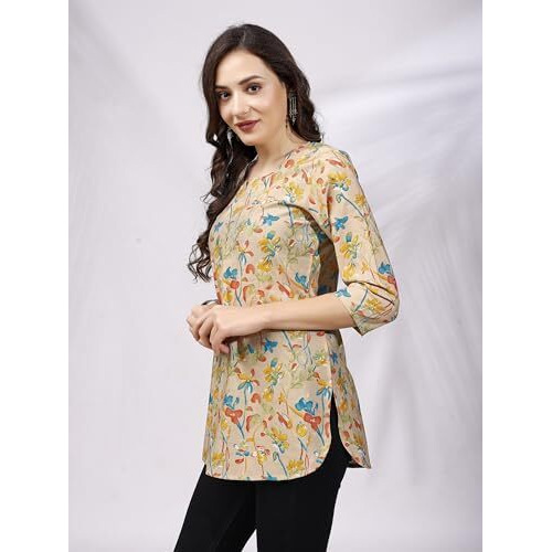 SHIENZY Women's Rayon Floral Regular Kurta Top (SHZ1447_Beige_XL)