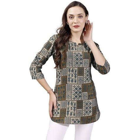 SHIENZY Women's Rayon Abstract Regular Kurta Top (SHZ1457_Dark Green_L)
