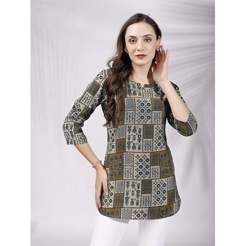 SHIENZY Women's Rayon Abstract Regular Kurta Top (SHZ1457_Dark Green_L)