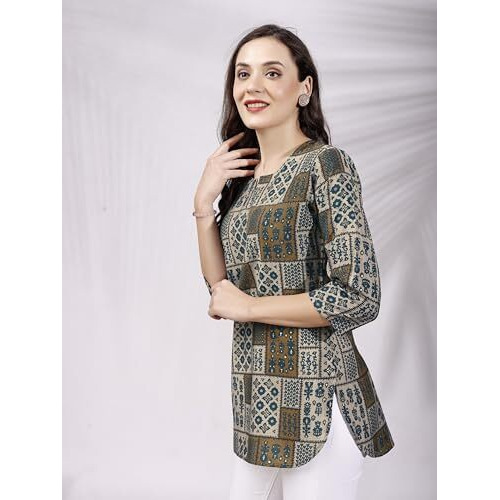 SHIENZY Women's Rayon Abstract Regular Kurta Top (SHZ1457_Dark Green_L)