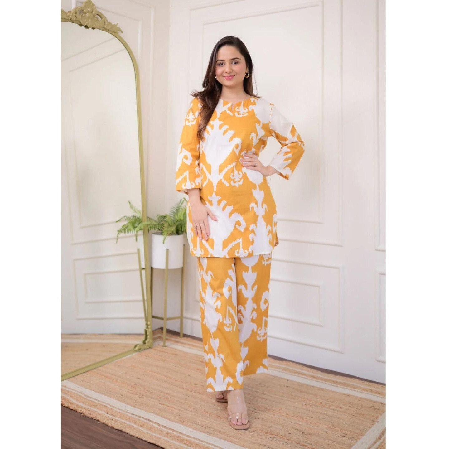 rytras Women's Cotton Printed Straight Kurta with Palazzos Pant Set(RYT573,Yellow,S)