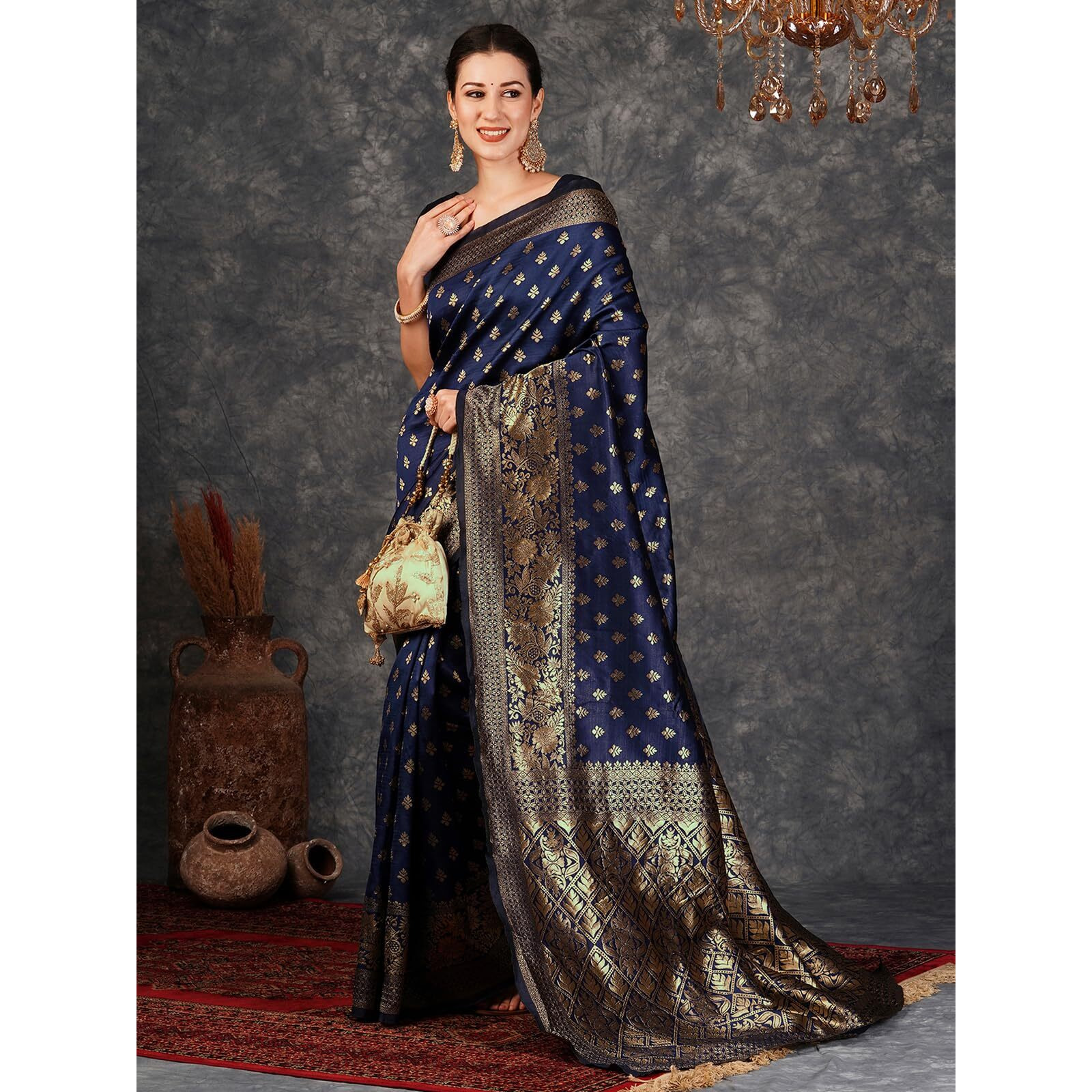 SAMAH Women's Woven Art Silk Saree (3589S228N_Navy Blue1)