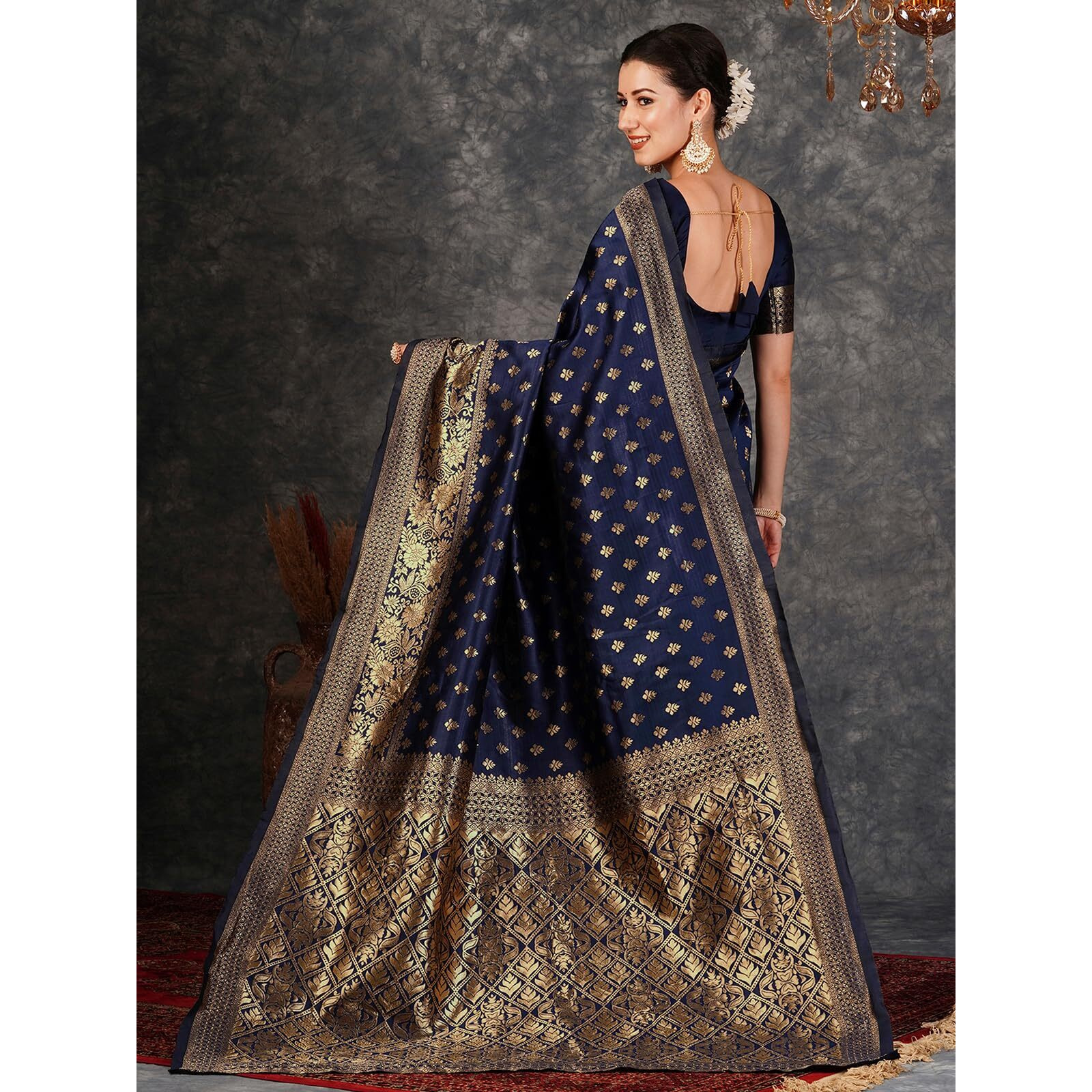 SAMAH Women's Woven Art Silk Saree (3589S228N_Navy Blue1)