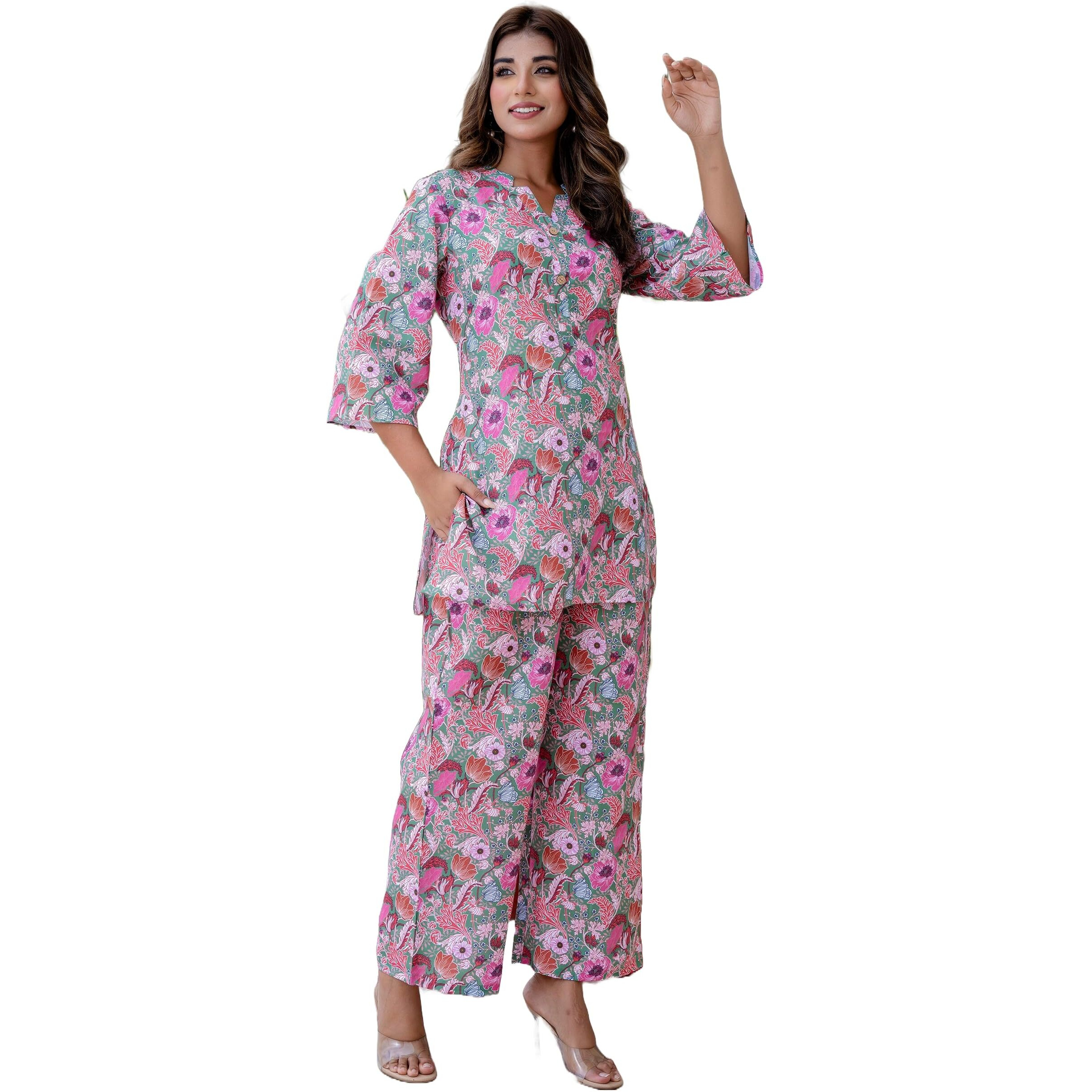 LookMark Women's Trendy Printed Cotton Blend Straight Rama Color Kurta and Palazzo Set (AZ-LM-P1-KS2075 RAMA-M)