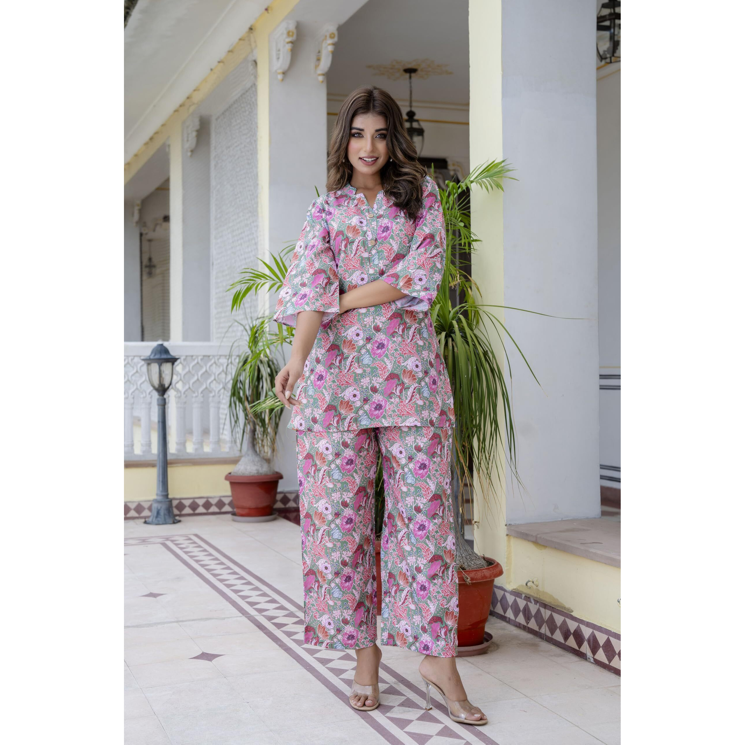 LookMark Women's Trendy Printed Cotton Blend Straight Rama Color Kurta and Palazzo Set (AZ-LM-P1-KS2075 RAMA-M)