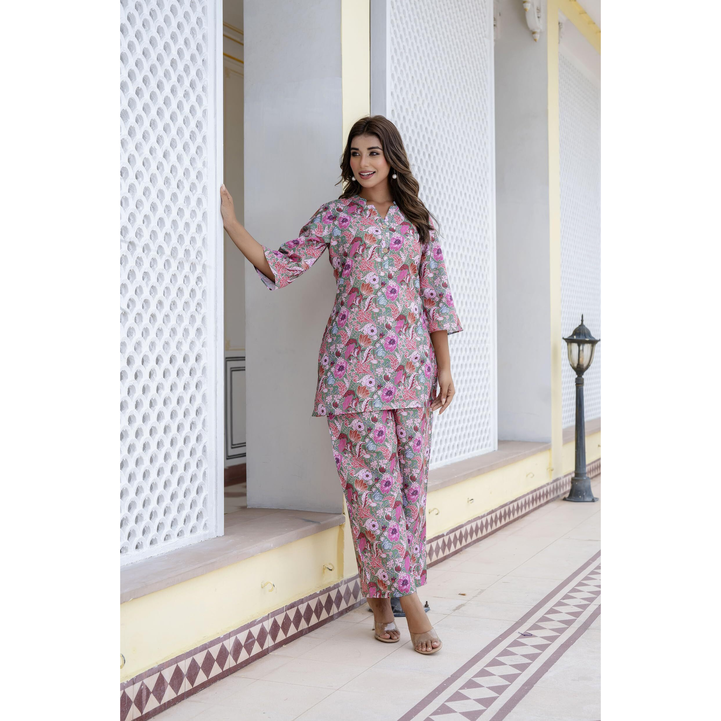 LookMark Women's Trendy Printed Cotton Blend Straight Rama Color Kurta and Palazzo Set (AZ-LM-P1-KS2075 RAMA-M)