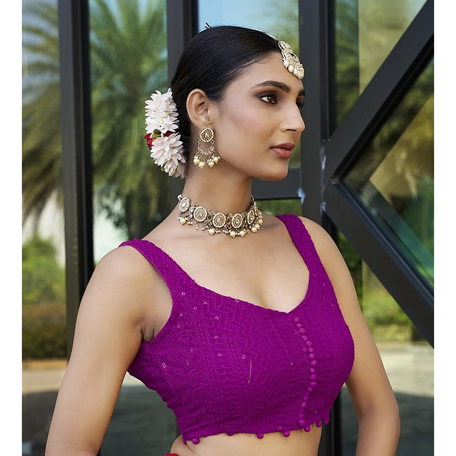Pujia Mills Women's Readymade Fancy Blouse Embroidery Lucknowi Work Sequence Work Indian Ethnic Designer Sleeveless Blouse Readymade Sweetheart Neck Blouse Rani Pink for Women Saree Lehenga Choli