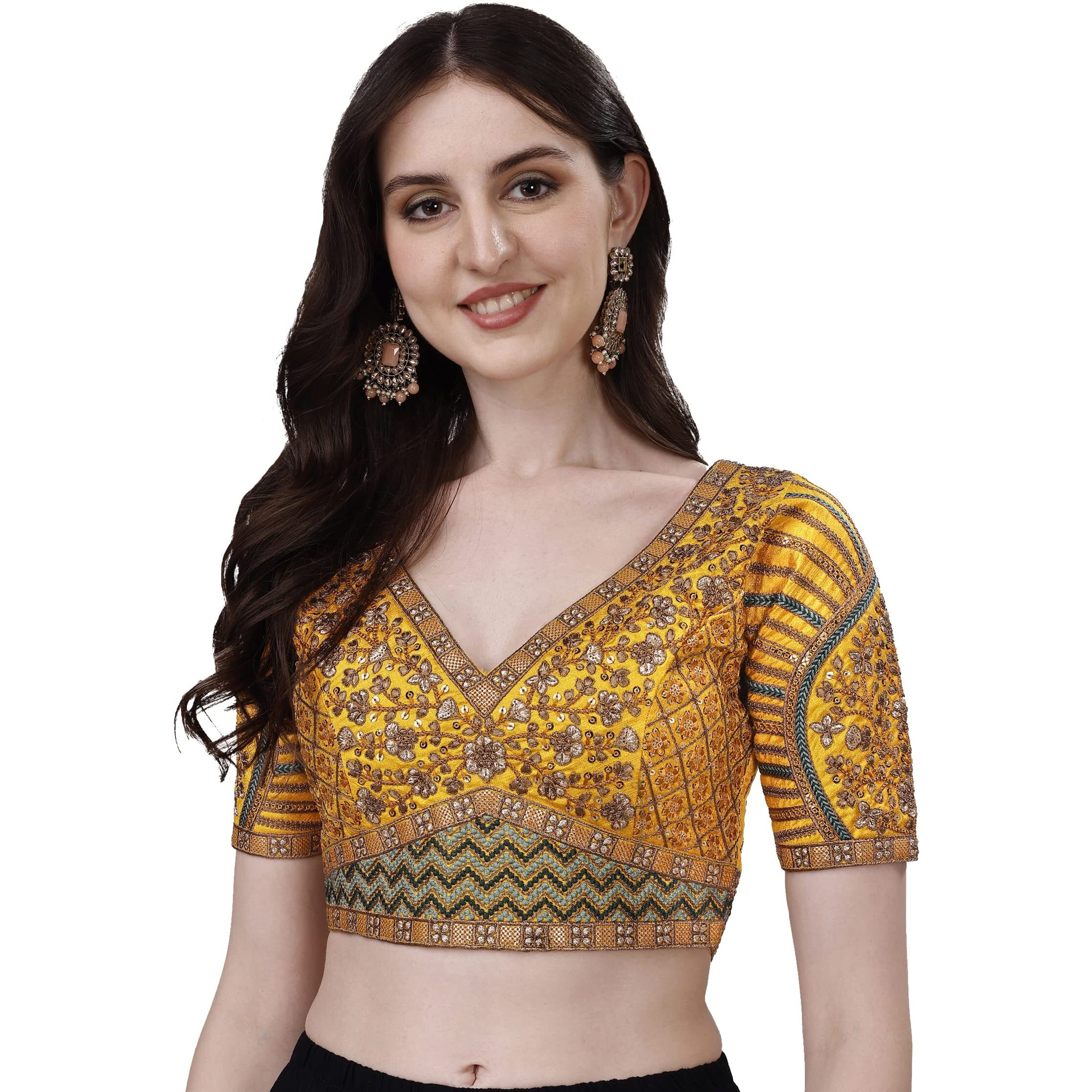 Pujia Mills Mills Women's Fancy Readymade Heavy Coding Embroidary Worked Half Sleeve Yellow Saree Blouse(Mushroom Yellow_42)