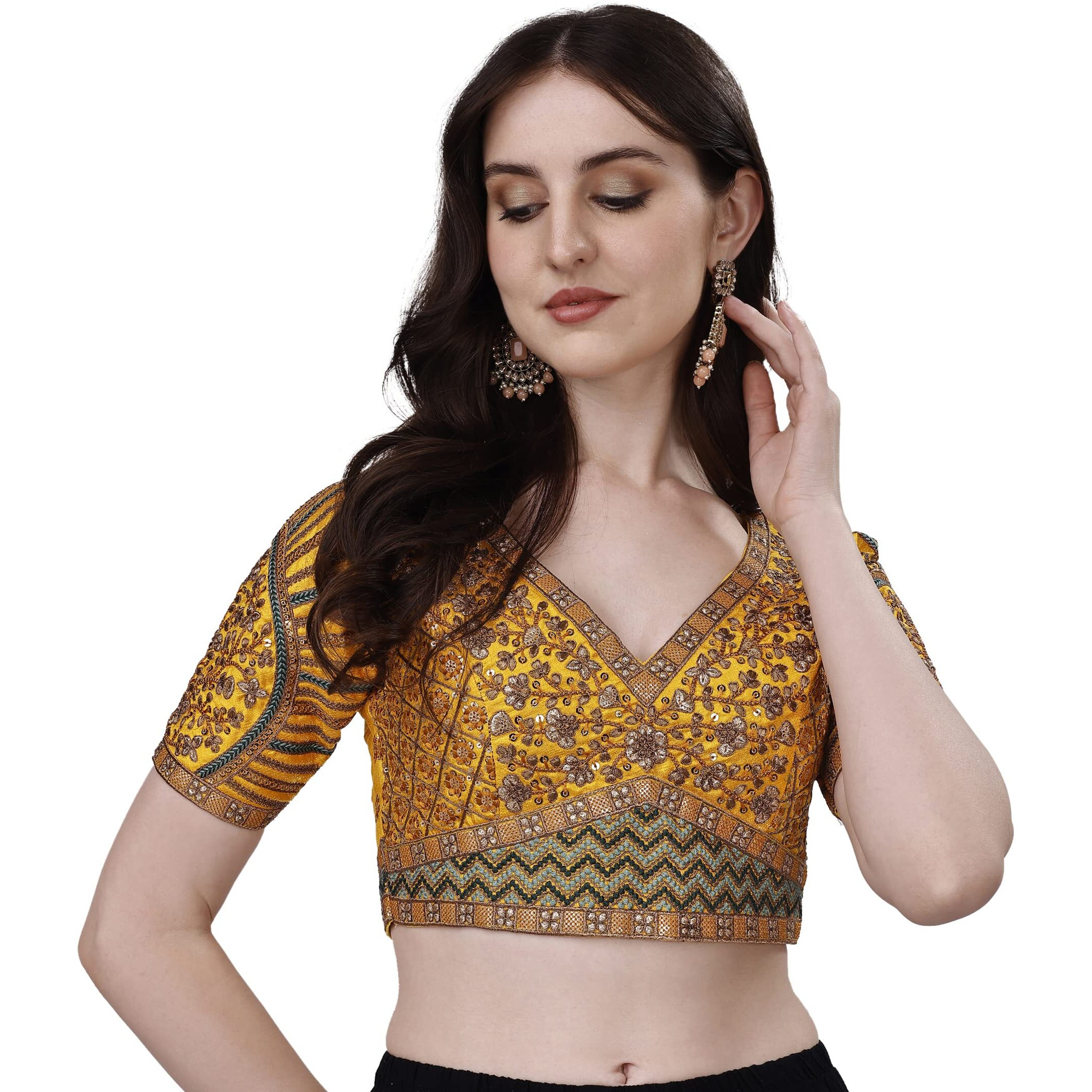 Pujia Mills Mills Women's Fancy Readymade Heavy Coding Embroidary Worked Half Sleeve Yellow Saree Blouse(Mushroom Yellow_42)