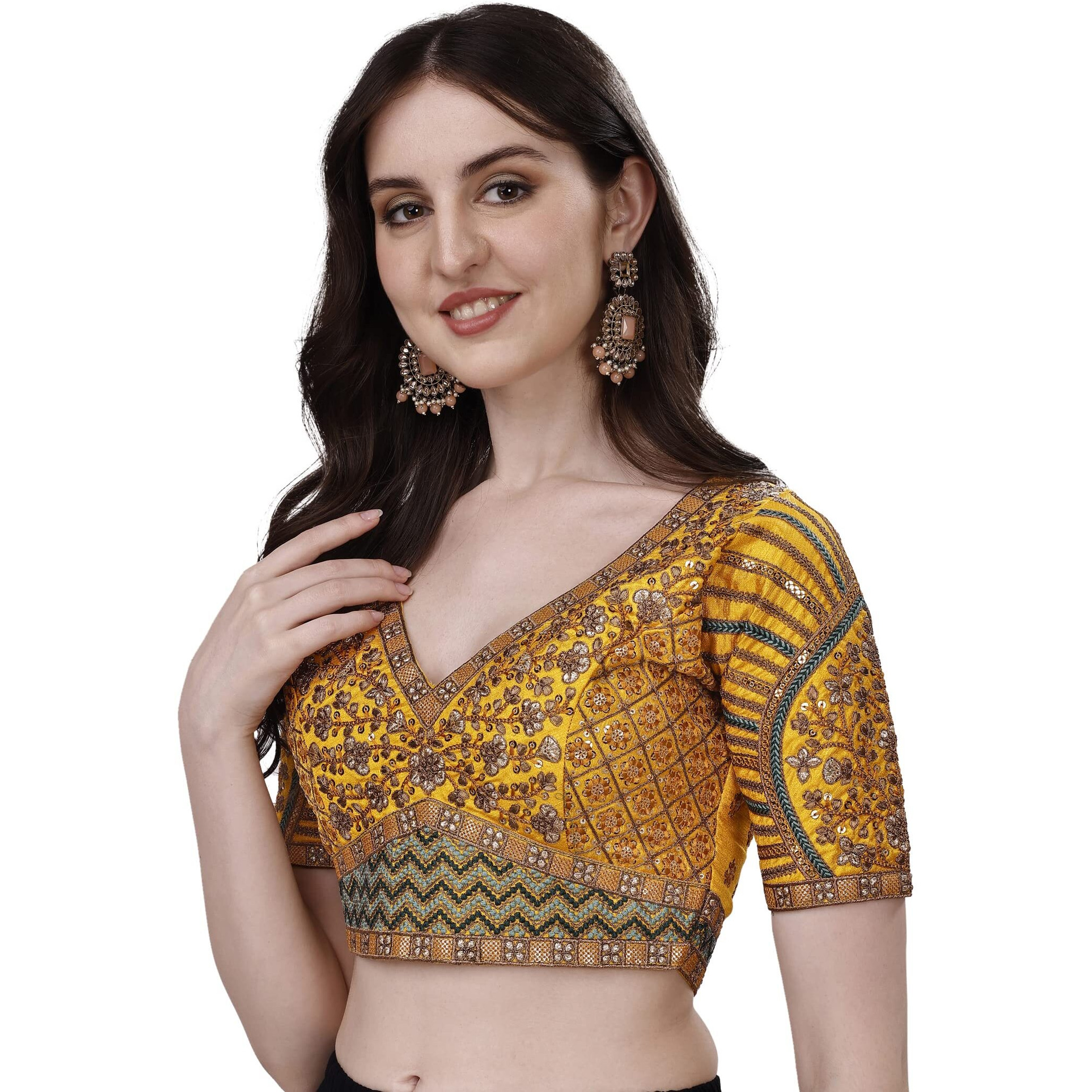 Pujia Mills Mills Women's Fancy Readymade Heavy Coding Embroidary Worked Half Sleeve Yellow Saree Blouse(Mushroom Yellow_42)