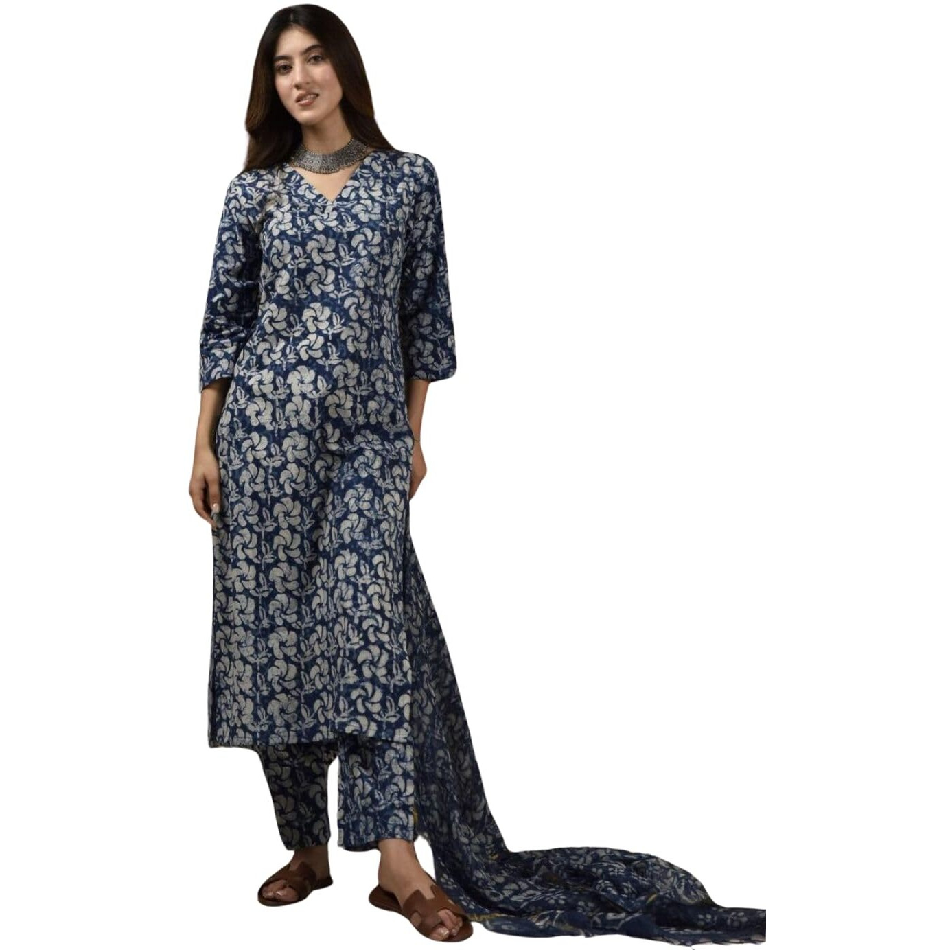 NAINVISH Women's Indigo Printed Straight Rayon V-Neck Kurta Pant with Dupatta (SD693_KBD-XXL)