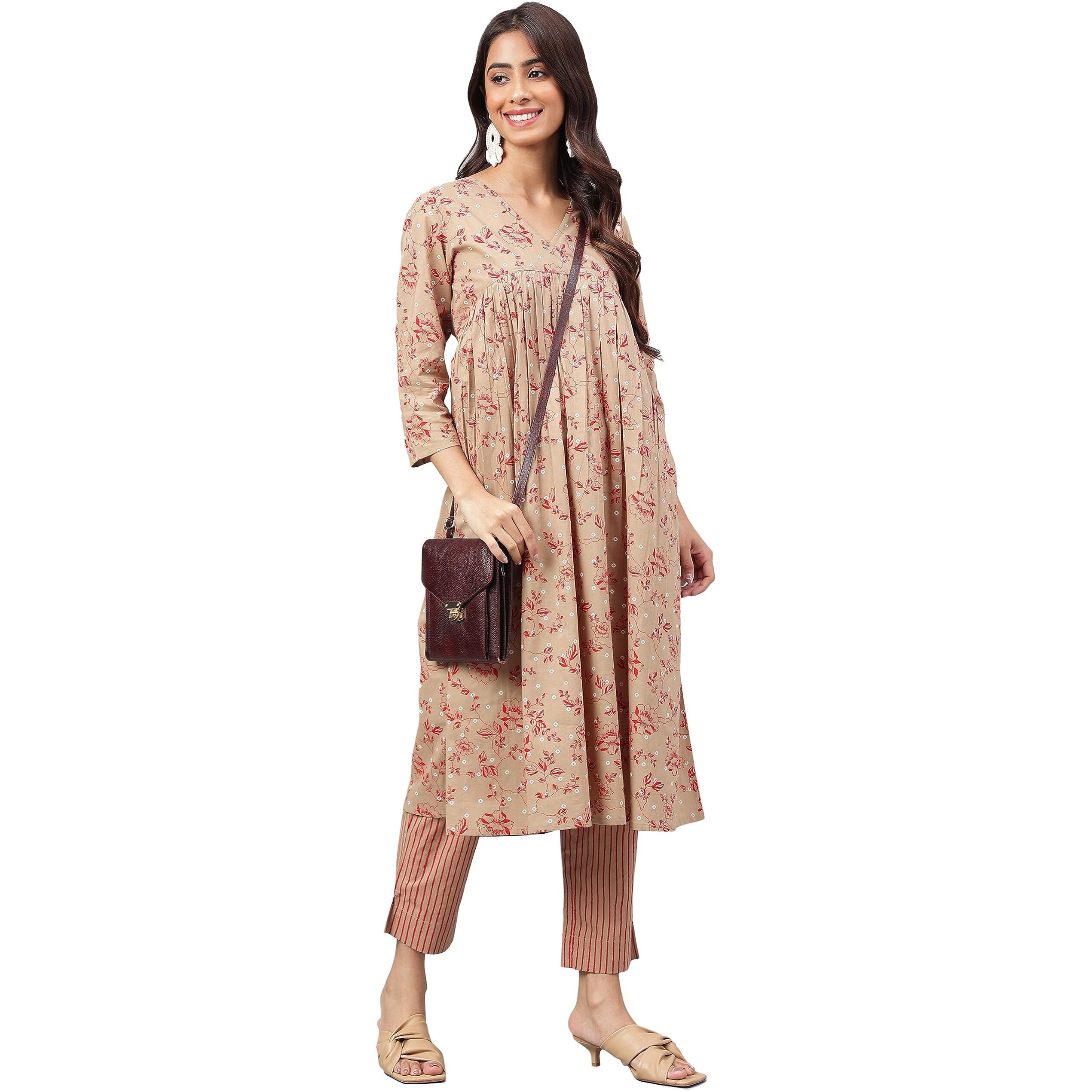 Janasya Women's Brown Cotton Floral Printed Kurta with Pant(SET647-KR-NP-S)