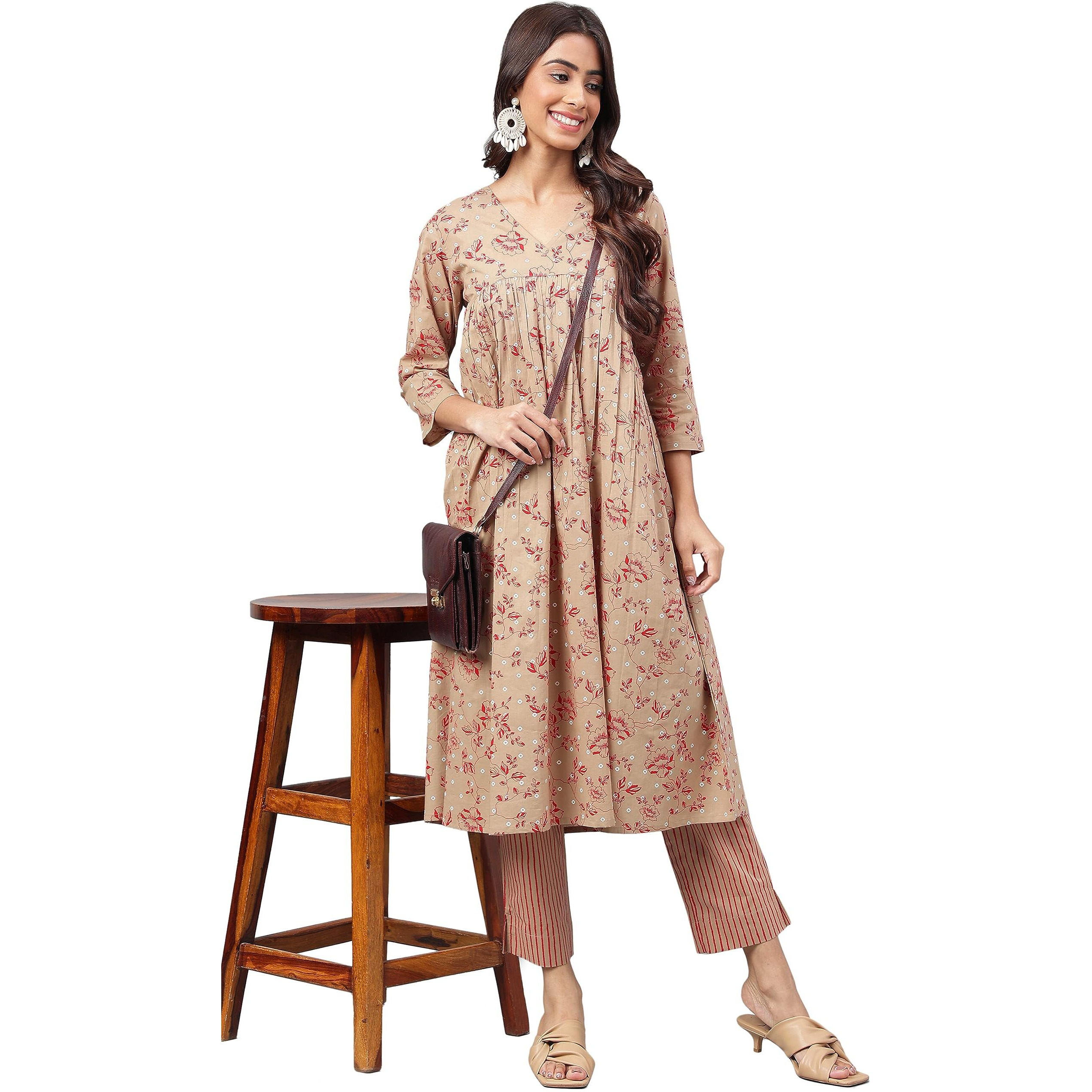 Janasya Women's Brown Cotton Floral Printed Kurta with Pant(SET647-KR-NP-S)