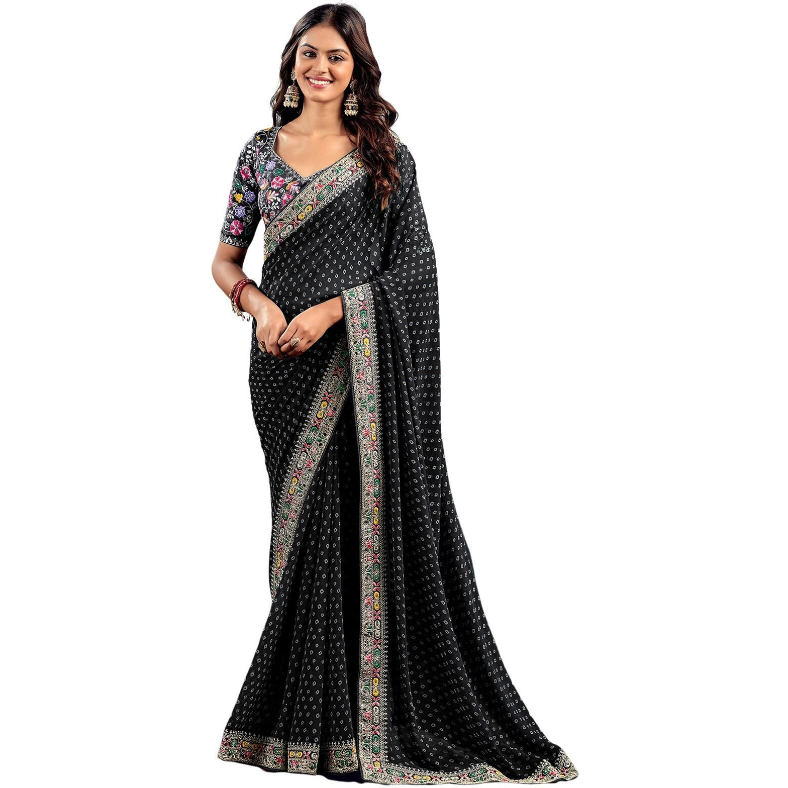 Satrani Women's Georgette Sequence Embroidery Lace & Bandhani Printed Saree with Unstitched Blouse Piece (4115S905N_Black)
