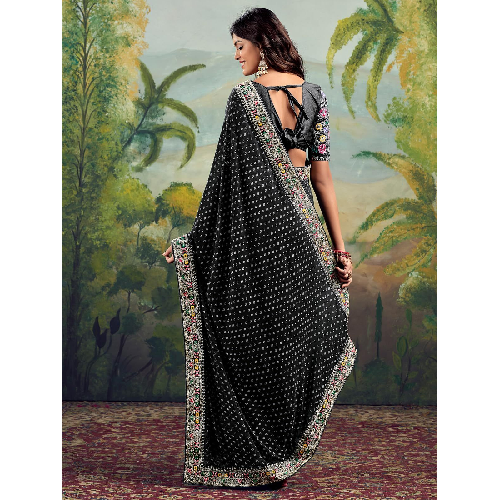 Satrani Women's Georgette Sequence Embroidery Lace & Bandhani Printed Saree with Unstitched Blouse Piece (4115S905N_Black)