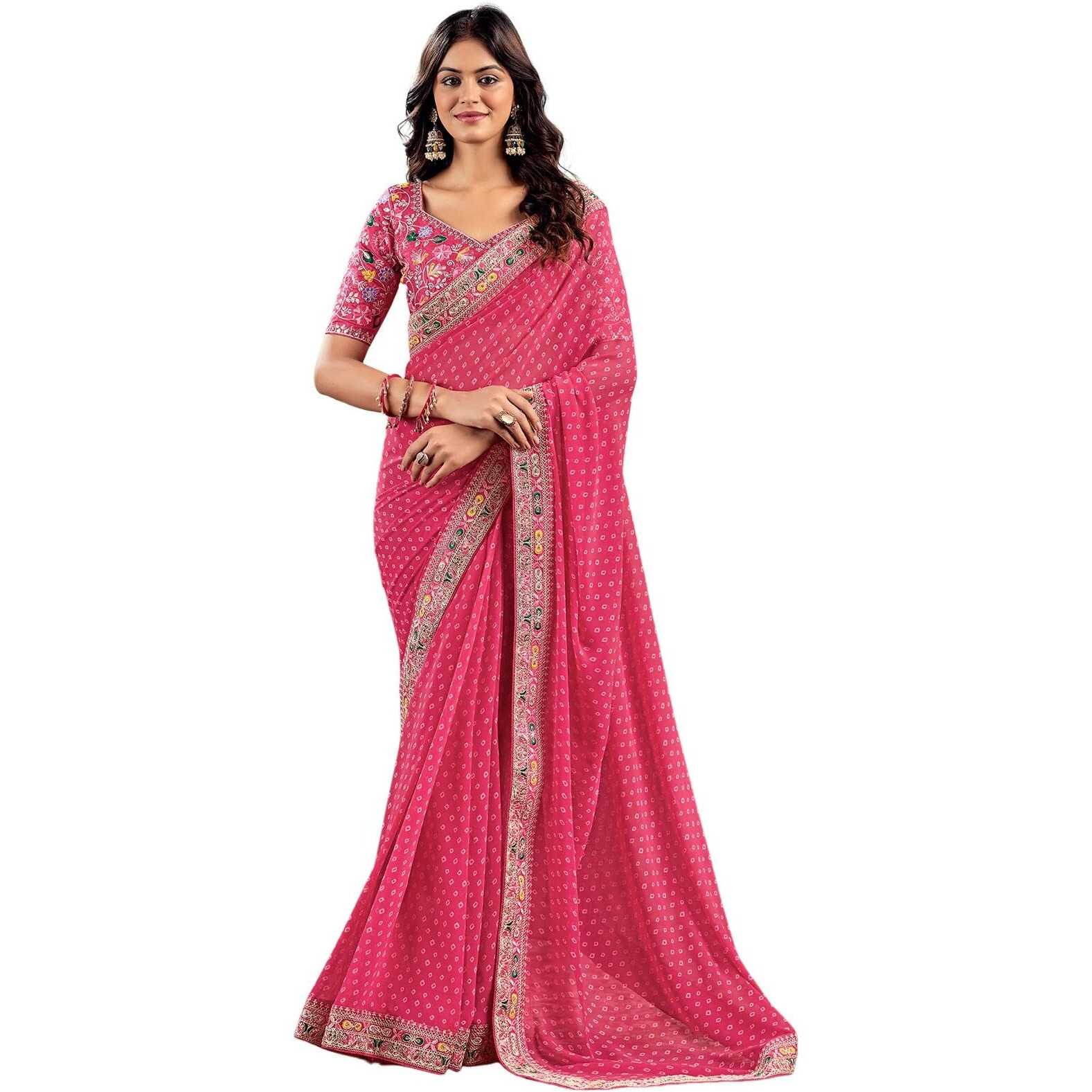 Satrani Women's Georgette Sequence Embroidery Lace & Bandhani Printed Saree with Unstitched Blouse Piece (4115S903N_Pink)