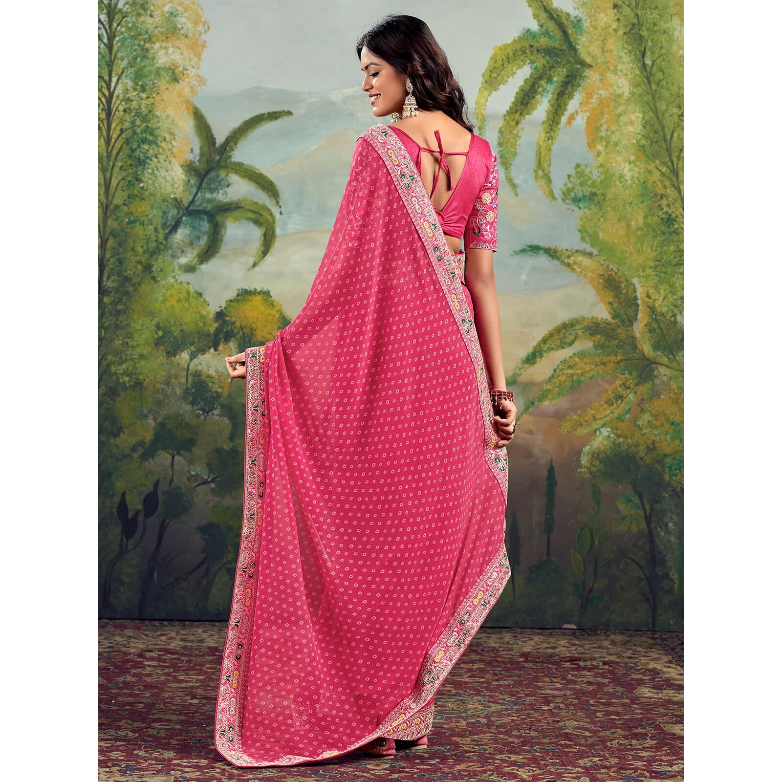 Satrani Women's Georgette Sequence Embroidery Lace & Bandhani Printed Saree with Unstitched Blouse Piece (4115S903N_Pink)