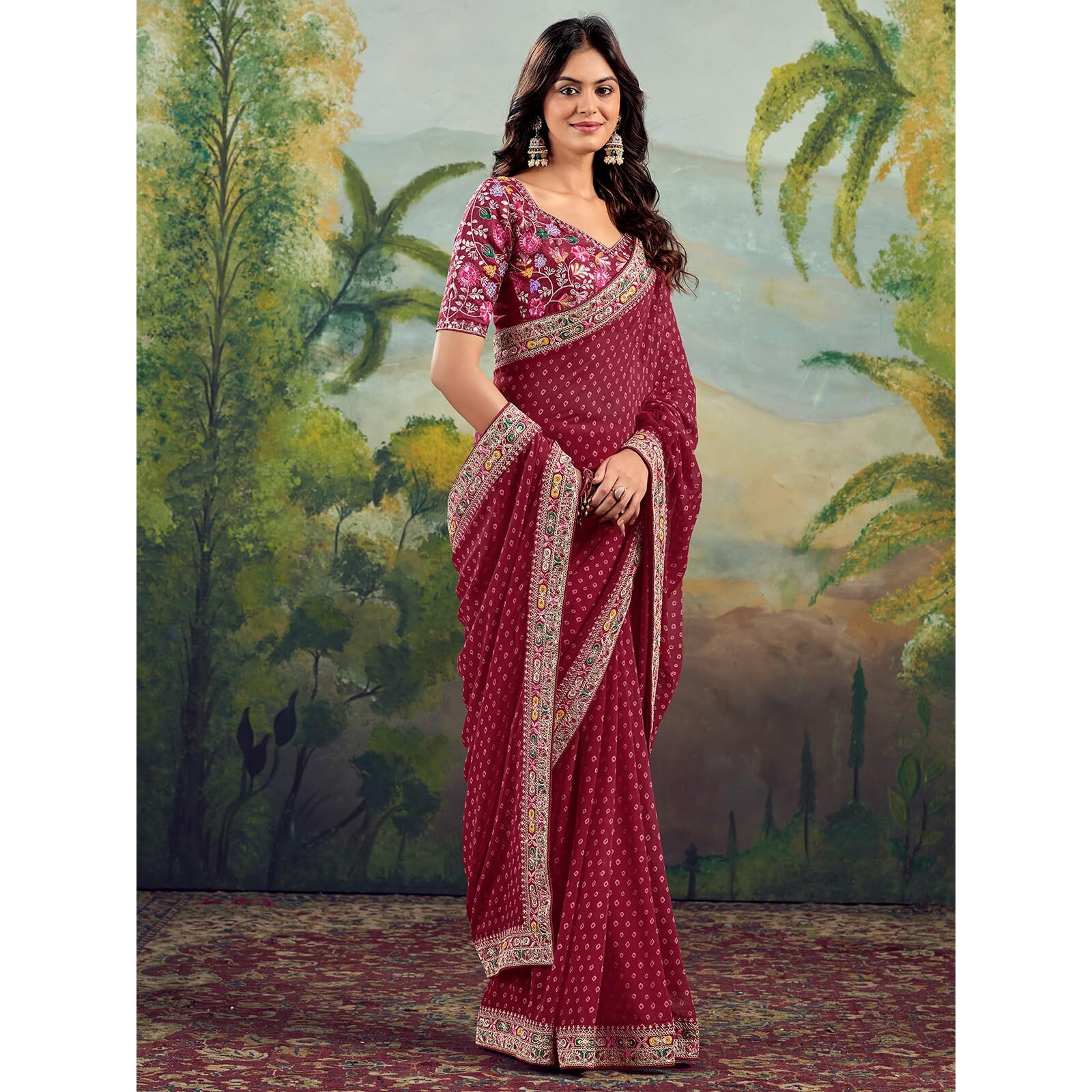 Satrani Women's Georgette Sequence Embroidery Lace & Bandhani Printed Saree with Unstitched Blouse Piece (4115S909N_Dark Red)