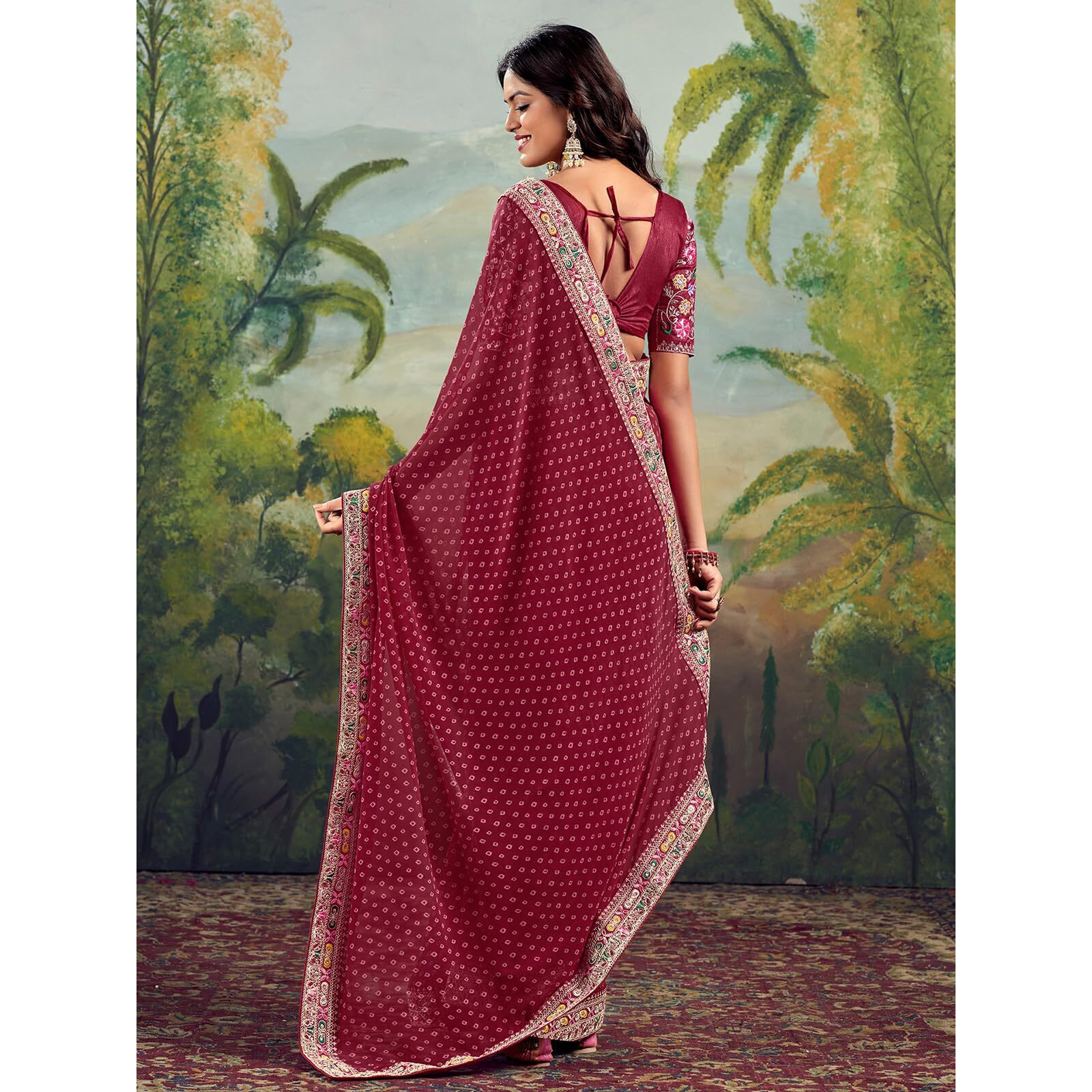 Satrani Women's Georgette Sequence Embroidery Lace & Bandhani Printed Saree with Unstitched Blouse Piece (4115S909N_Dark Red)