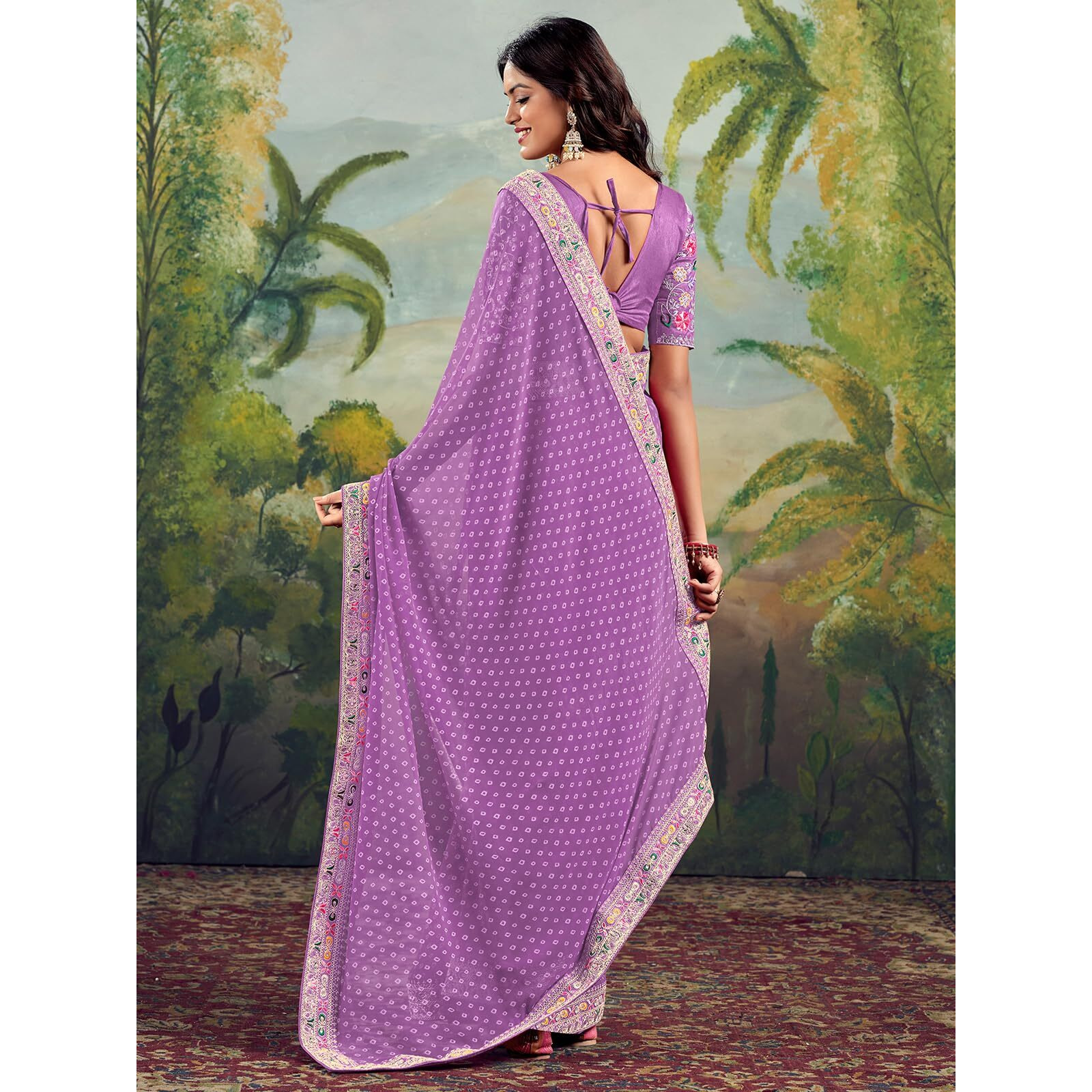 Satrani Women's Georgette Sequence Embroidery Lace & Bandhani Printed Saree with Unstitched Blouse Piece (4115S910N_Light Purple)