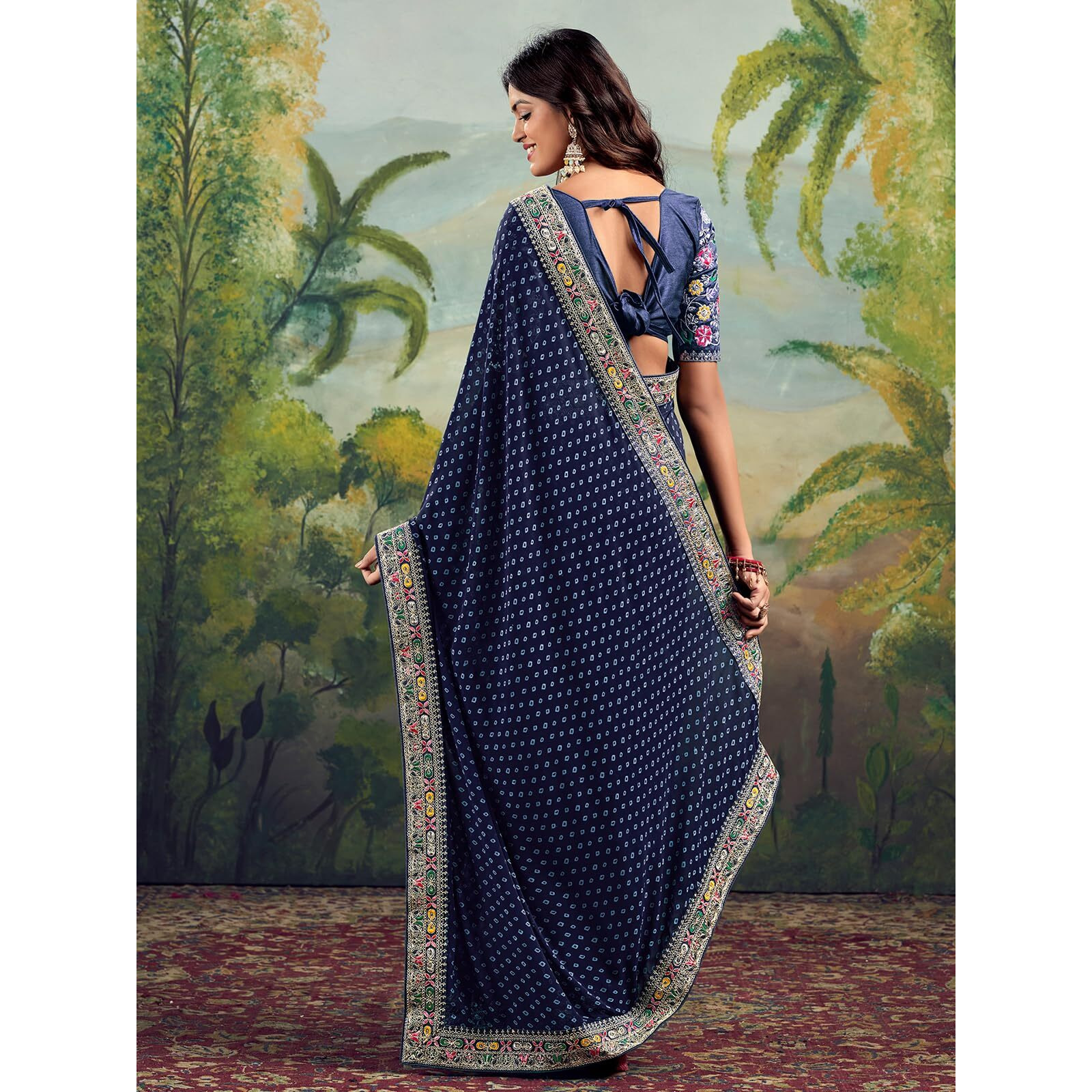 Satrani Women's Georgette Sequence Embroidery Lace & Bandhani Printed Saree with Unstitched Blouse Piece (4115S906N_Navy Blue)