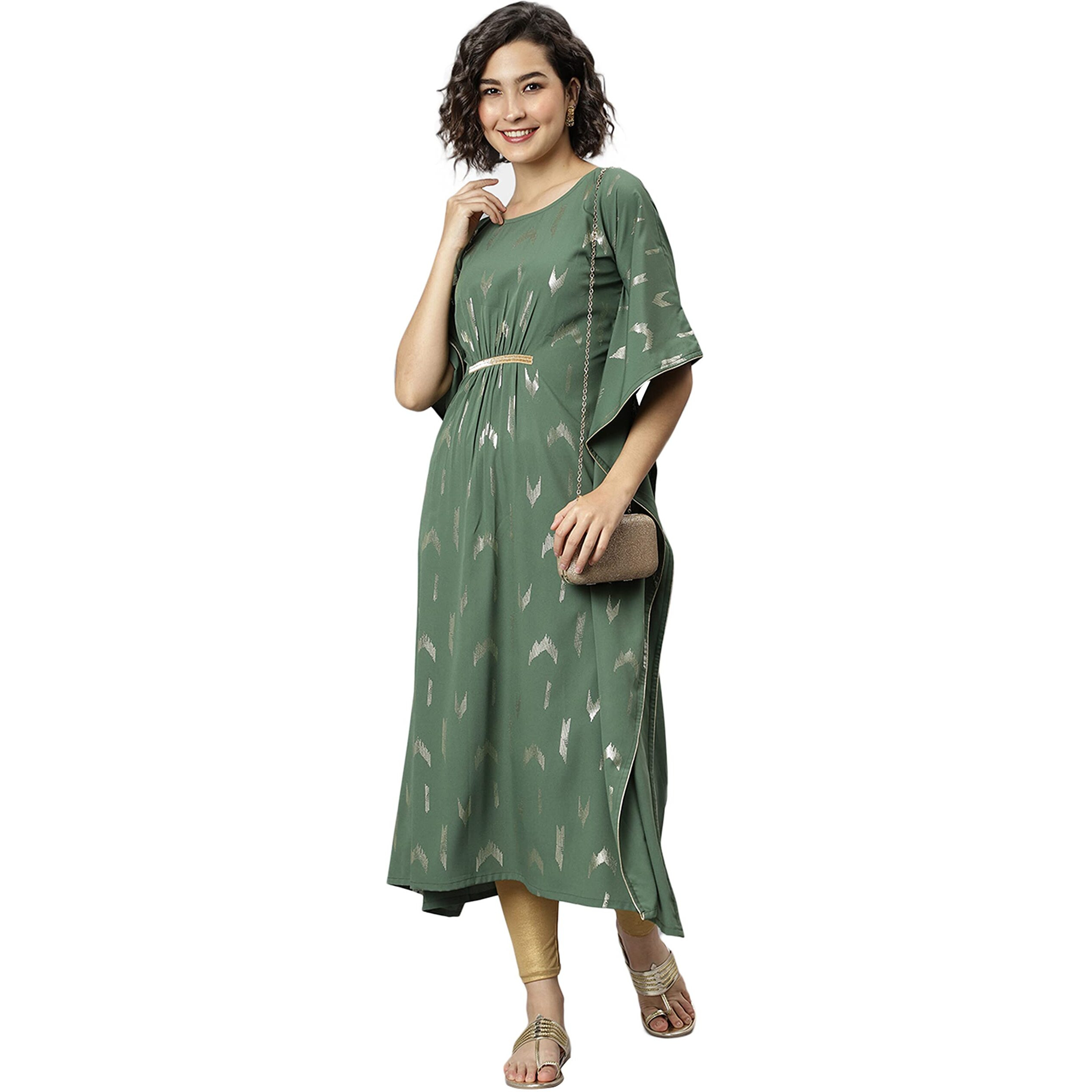 Janasya Women's Green Poly Crepe Geometric Print Kaftan Kurta