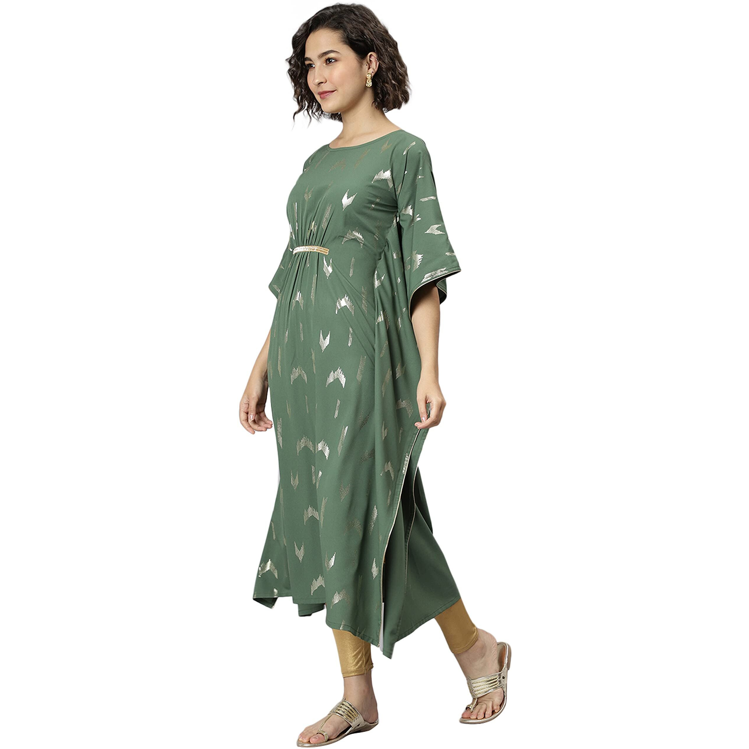 Janasya Women's Green Poly Crepe Geometric Print Kaftan Kurta