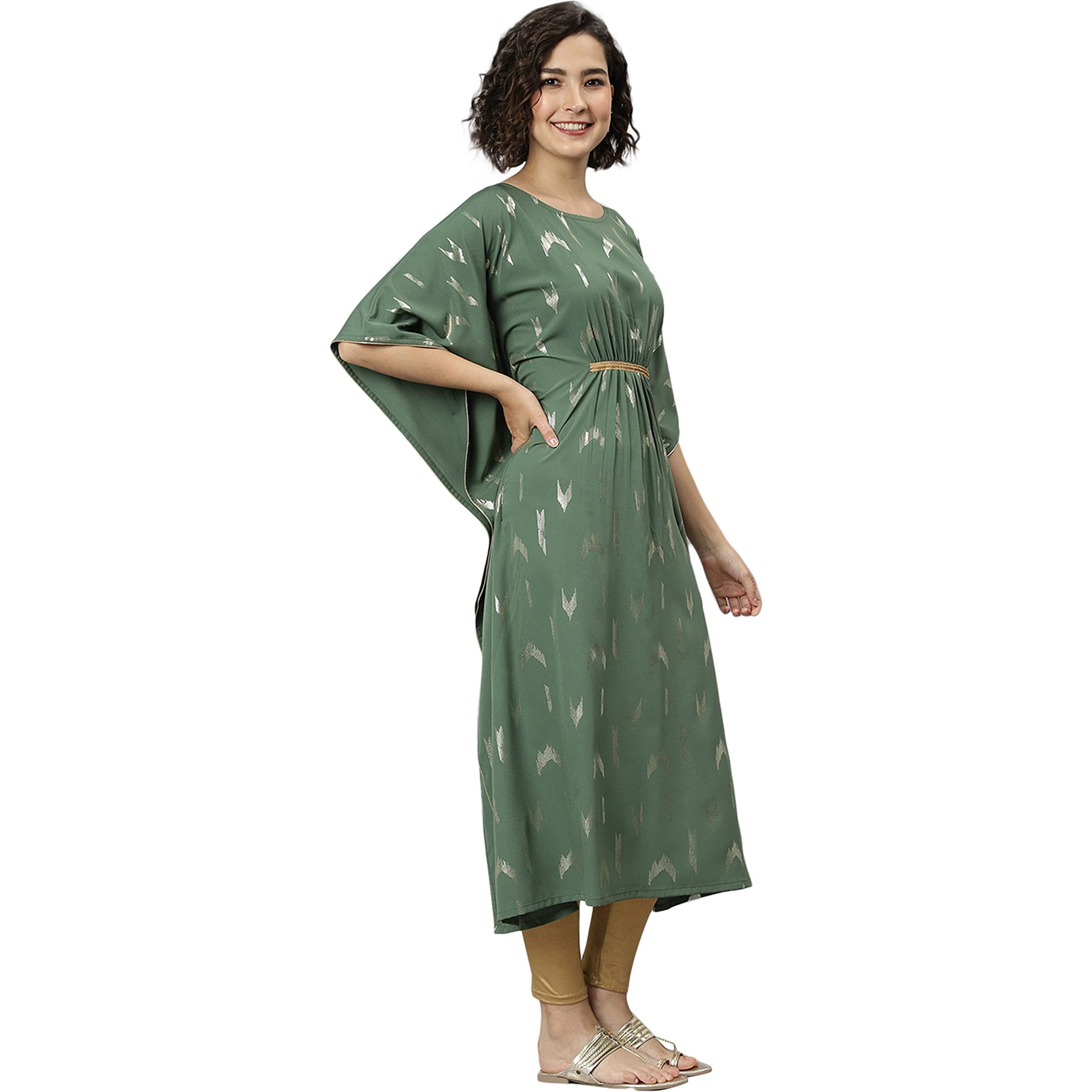 Janasya Women's Green Poly Crepe Geometric Print Kaftan Kurta