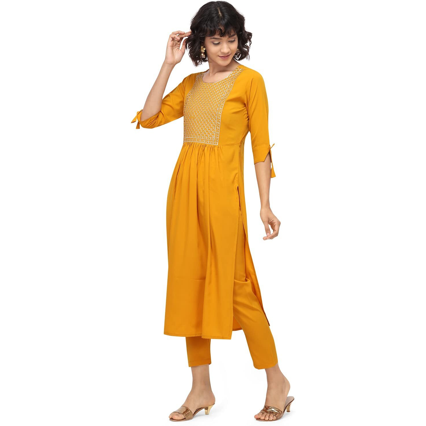 NAINVISH Women's Crepe A-Line Embroidered Kurti with Pant (SD090-XXL_Yellow)