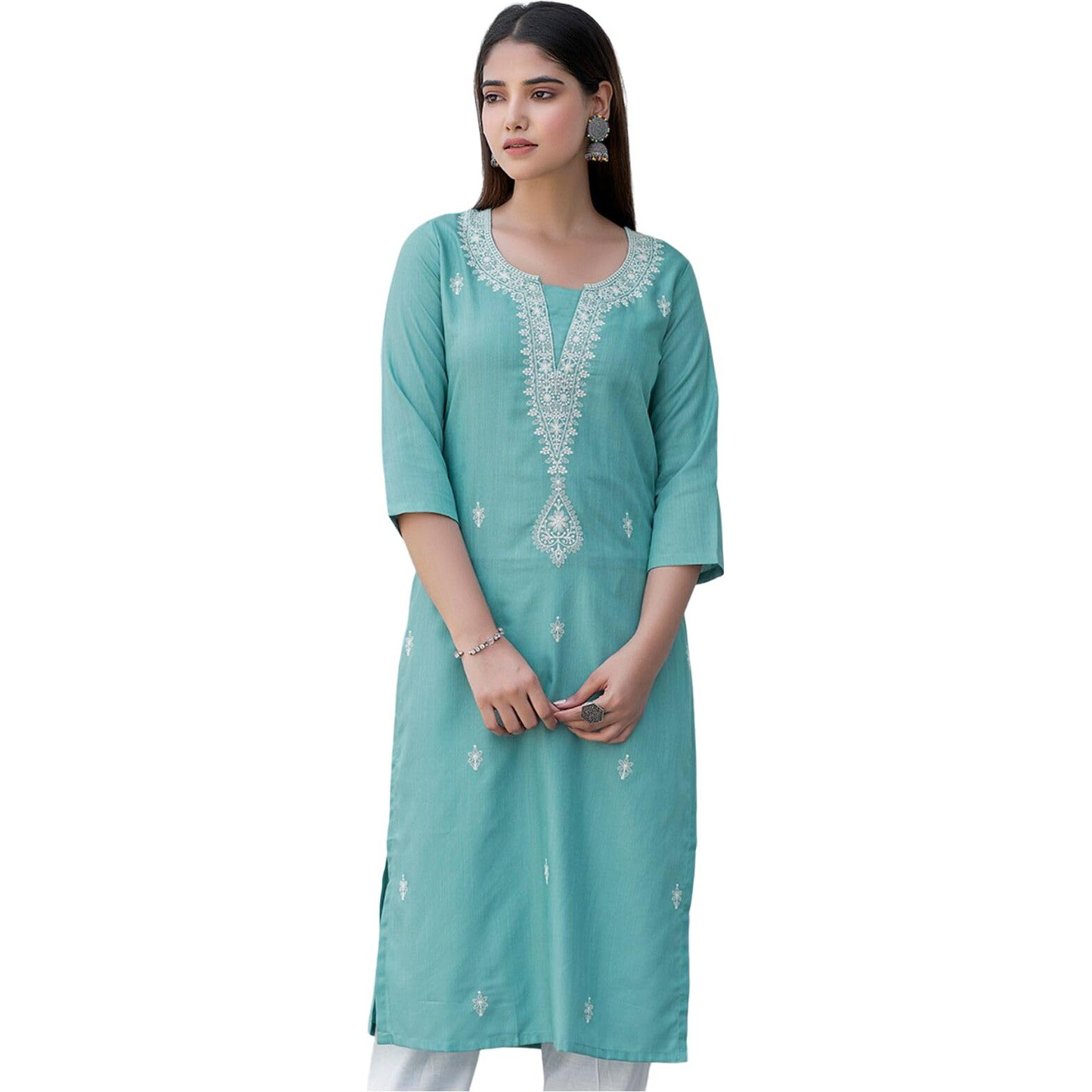 Sanisa Women's Cotton Blend Chikankari Embroidered Straight Kurti (473K10013N-XXL_Turquoise)