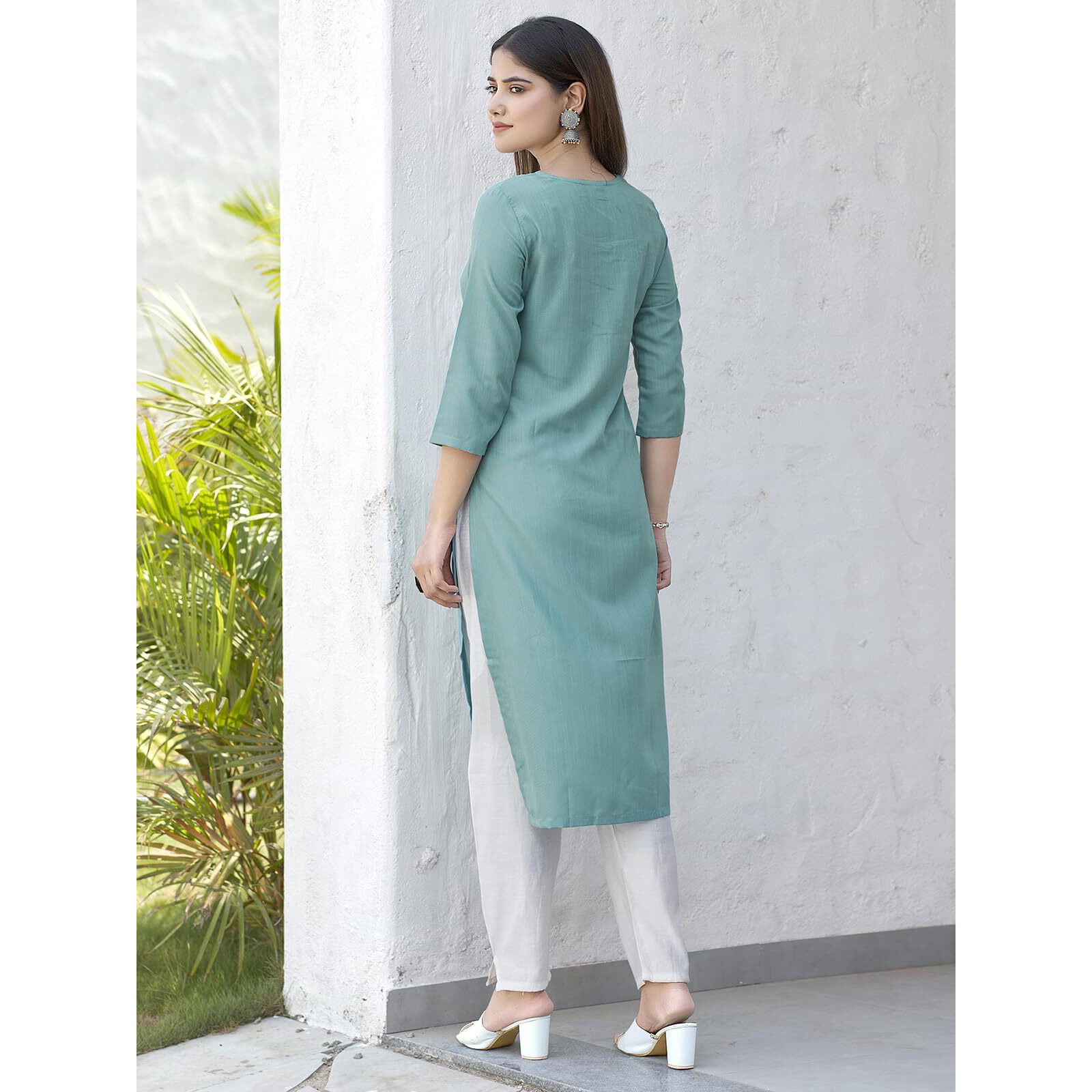 Sanisa Women's Cotton Blend Chikankari Embroidered Straight Kurti (473K10013N-XXL_Turquoise)